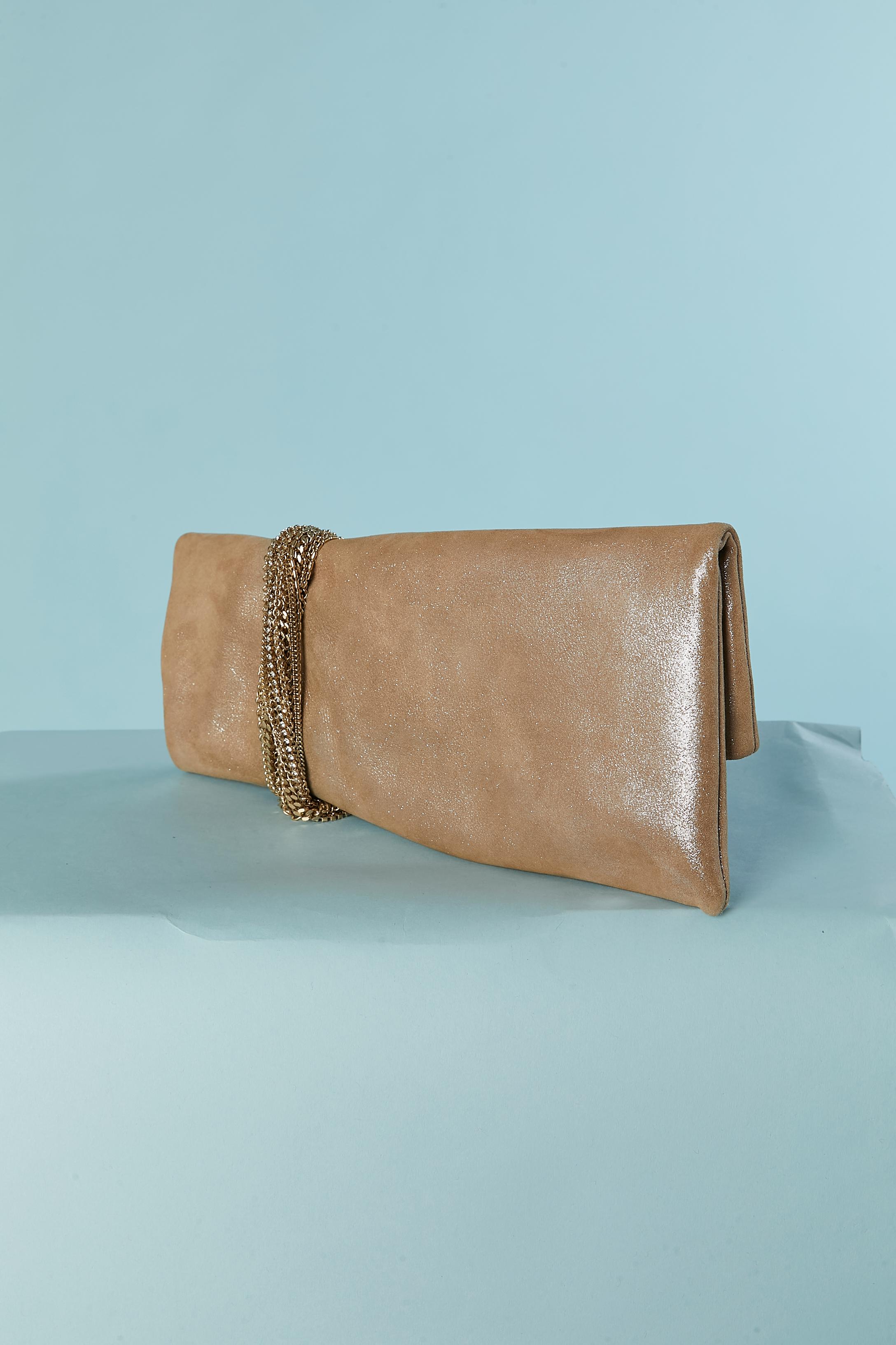Women's Pale shinny gold clutch with gold metal chain and rhinestone Jimmy Choo For Sale