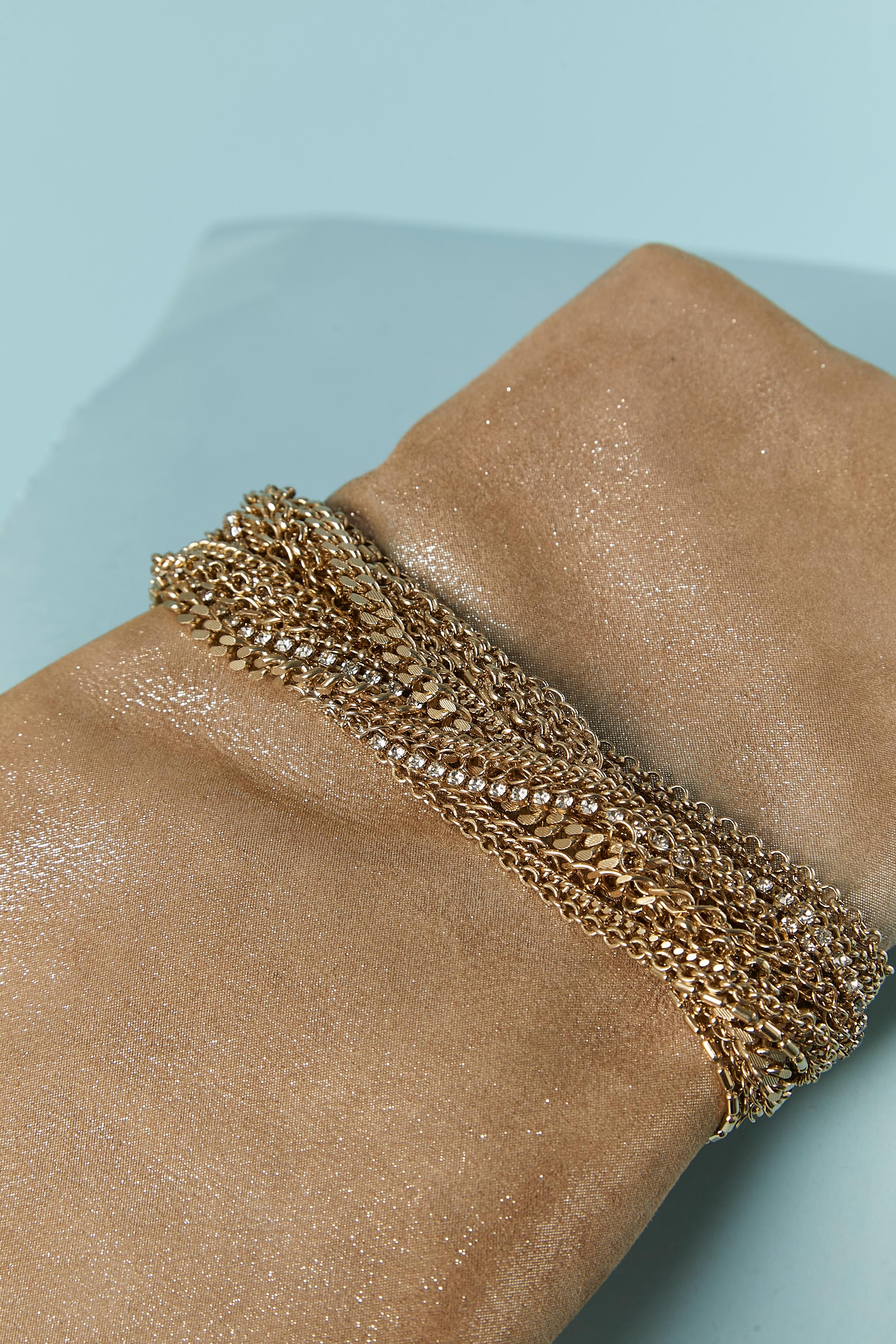 Pale shinny gold clutch with gold metal chain and rhinestone Jimmy Choo For Sale 1