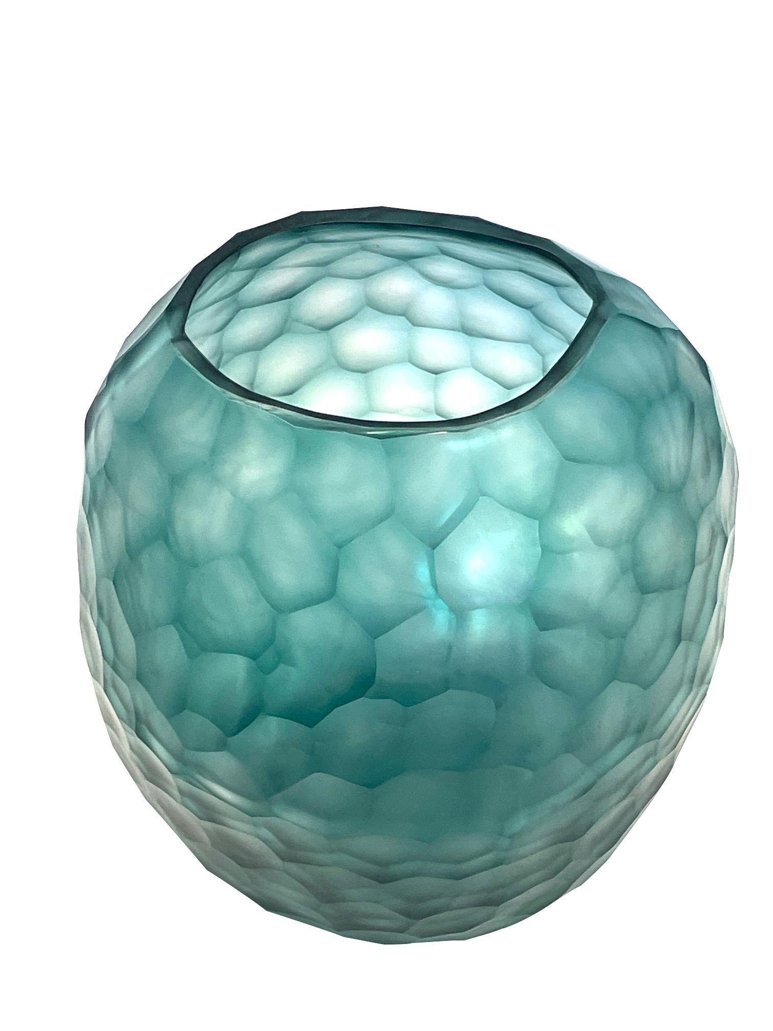 Romanian Pale Turquoise Beveled Glass Vase, Romania, Contemporary For Sale