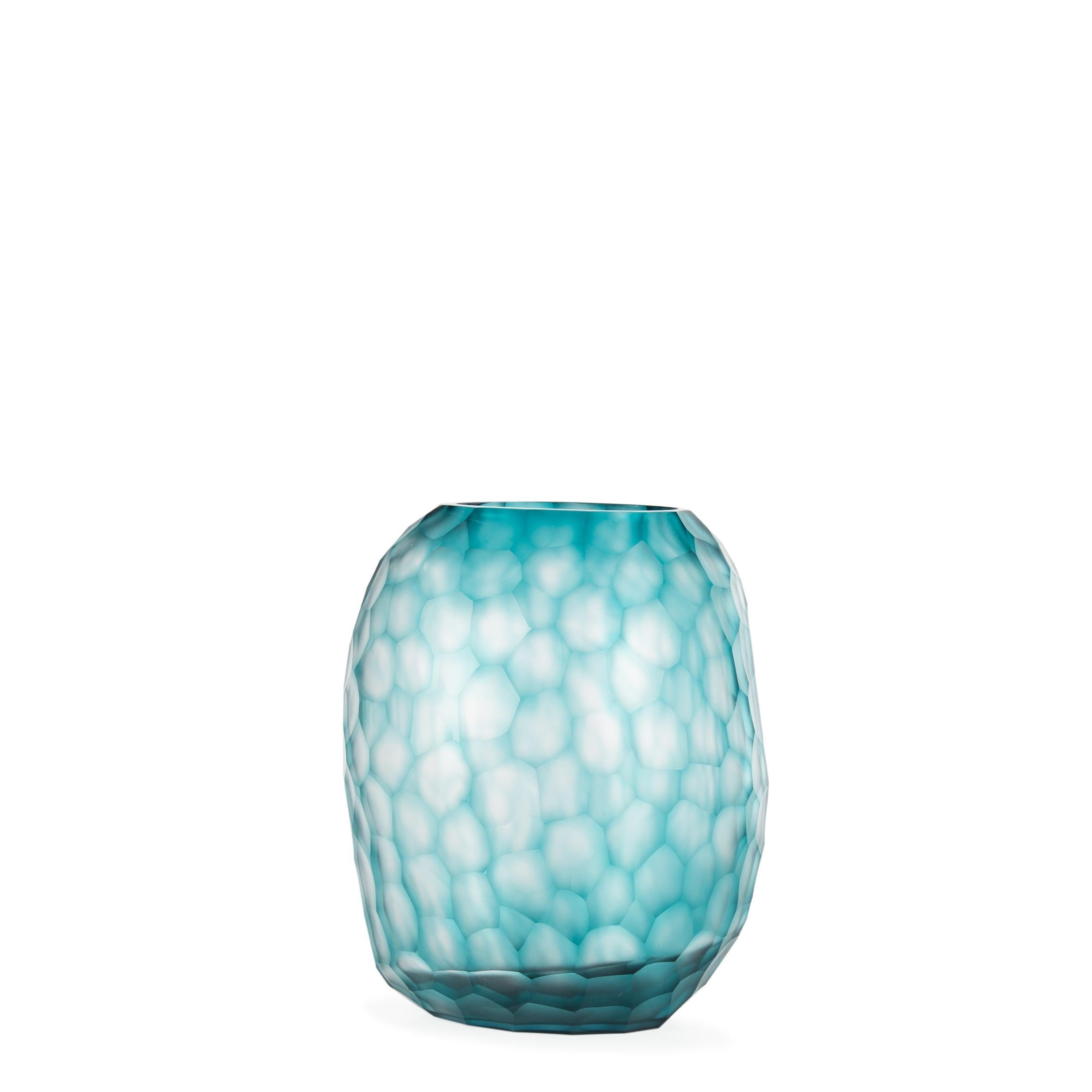 Pale Turquoise Beveled Glass Vase, Romania, Contemporary In New Condition For Sale In New York, NY