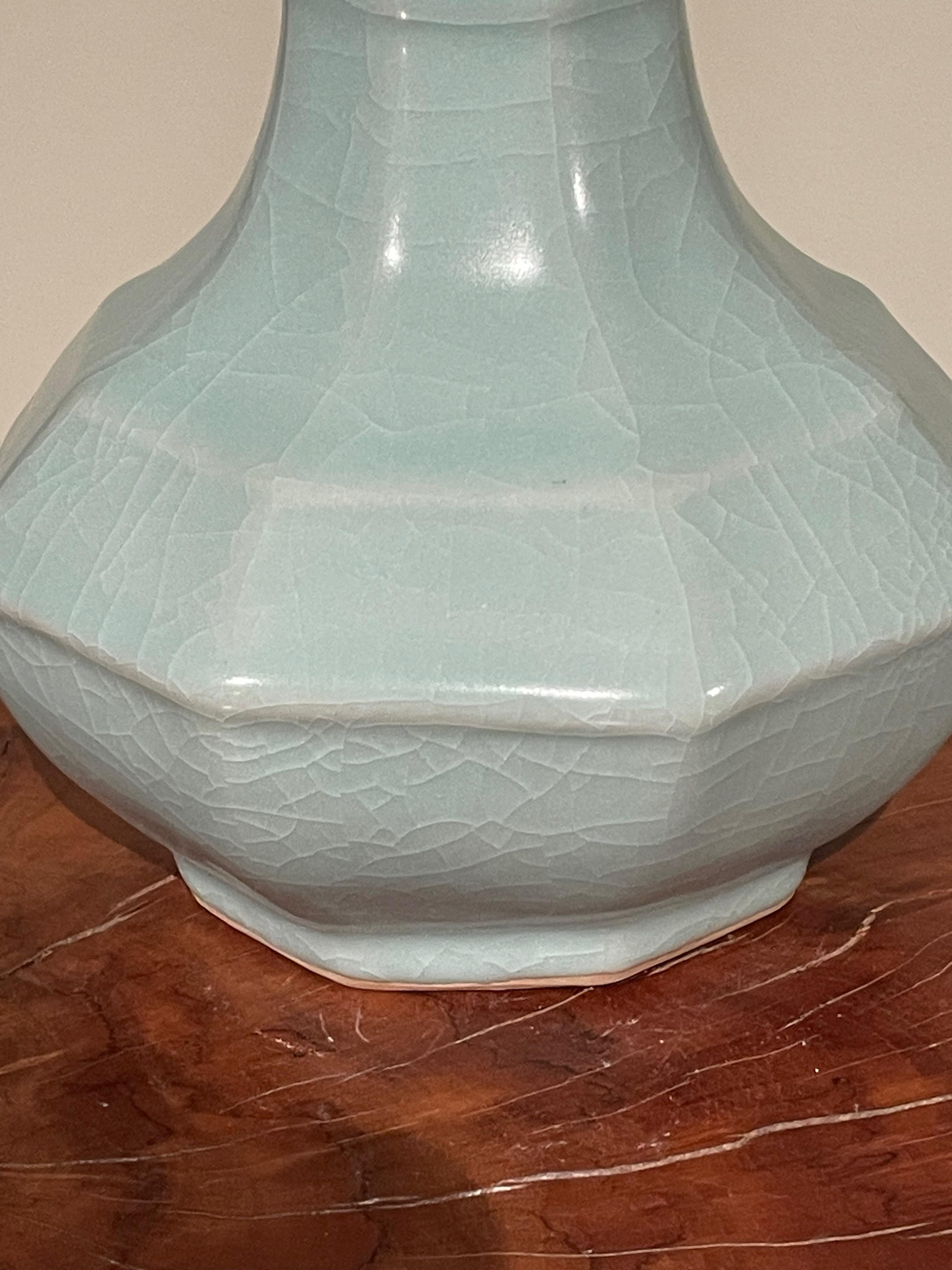 Chinese Pale Turquoise Elongated Neck Octagonal Shape Vase, China, Contemporary For Sale