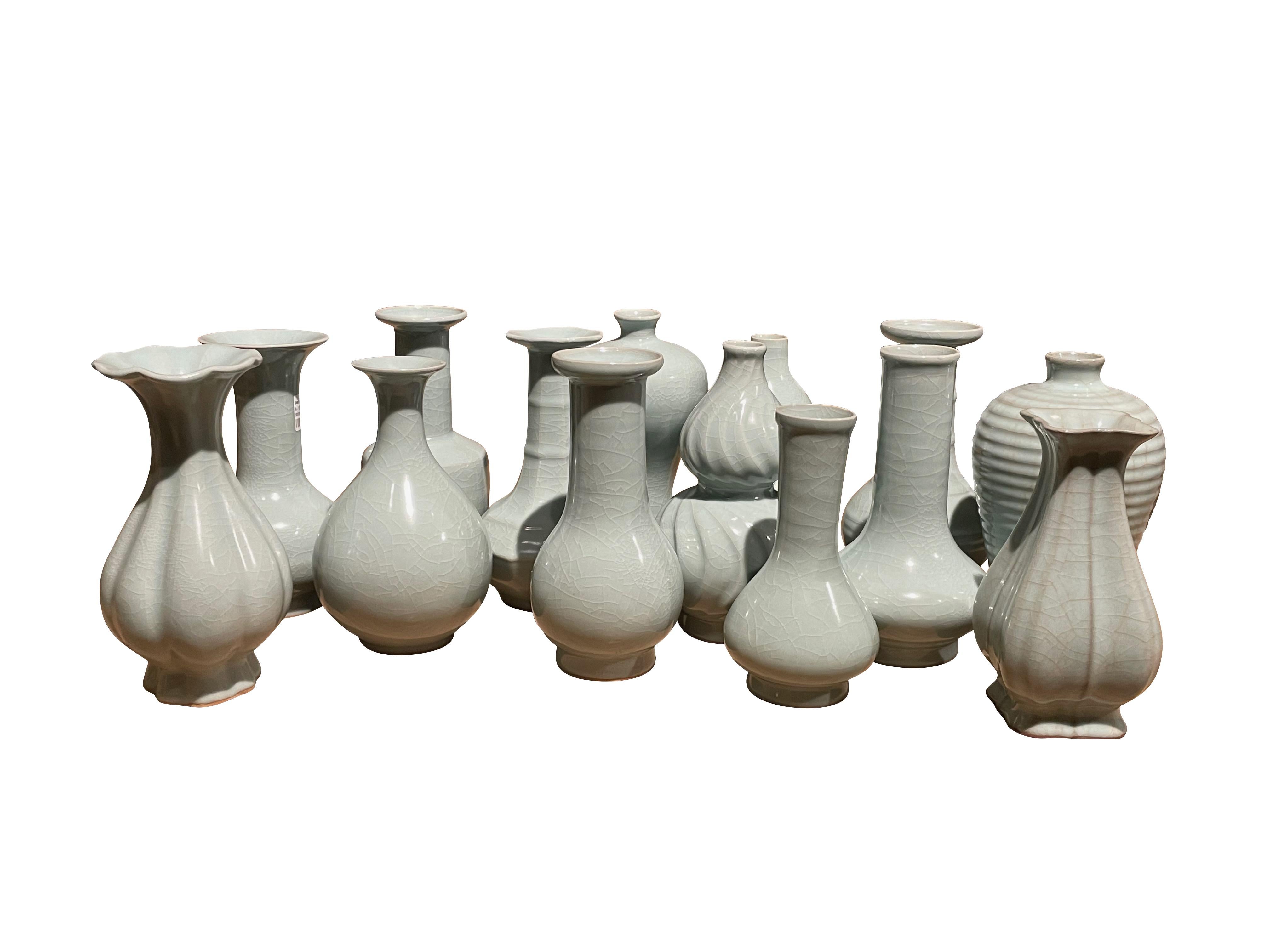 Ceramic Pale Turquoise Elongated Neck Octagonal Shape Vase, China, Contemporary For Sale
