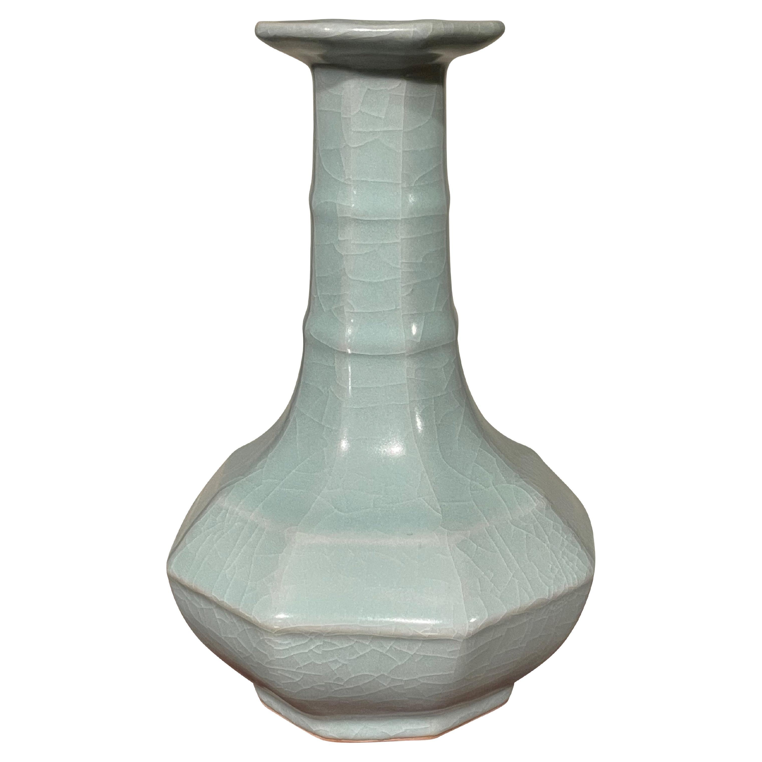 Pale Turquoise Elongated Neck Octagonal Shape Vase, China, Contemporary For Sale