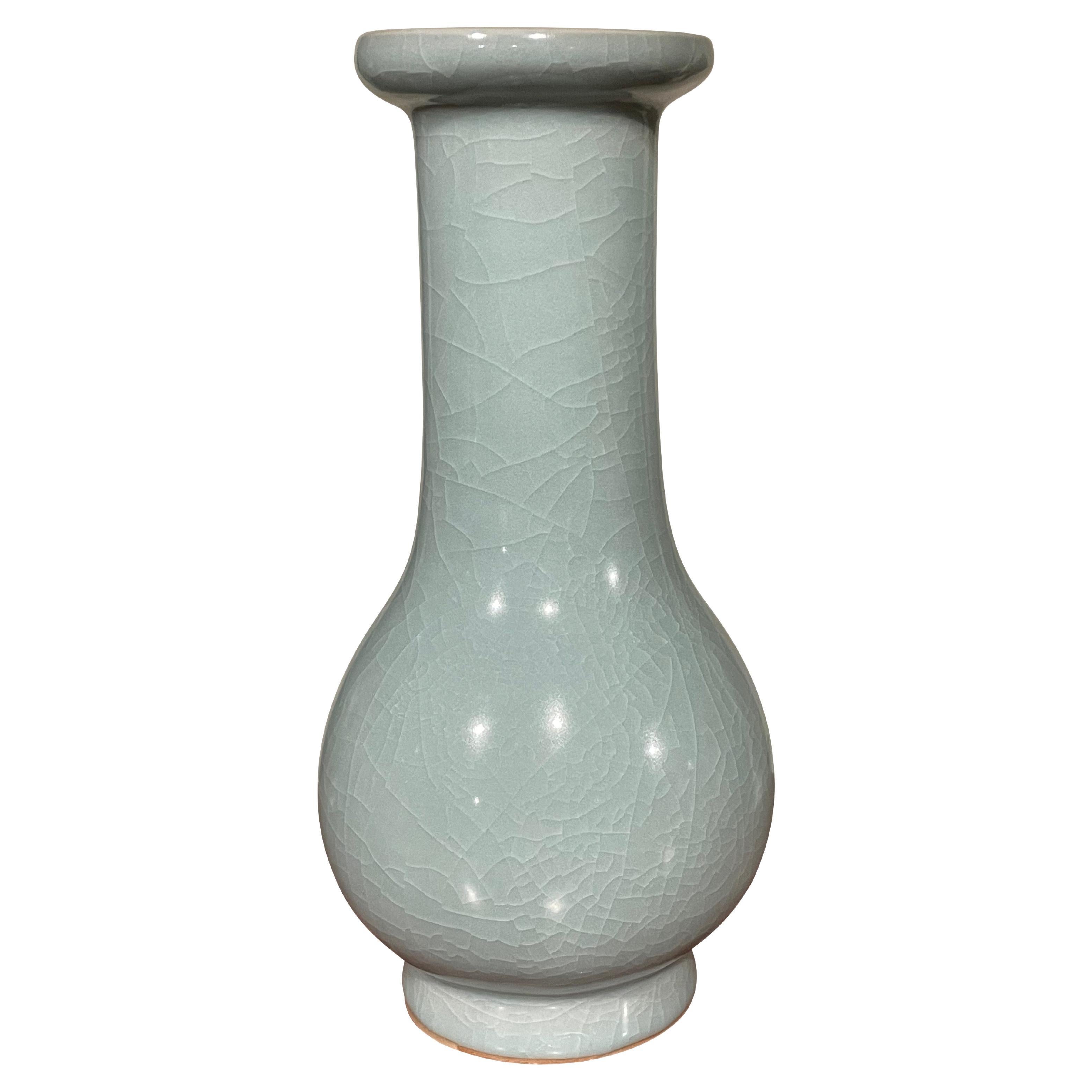 Pale Turquoise Elongated Neck With Rib Detail Opening Vase, China, Contemporary For Sale