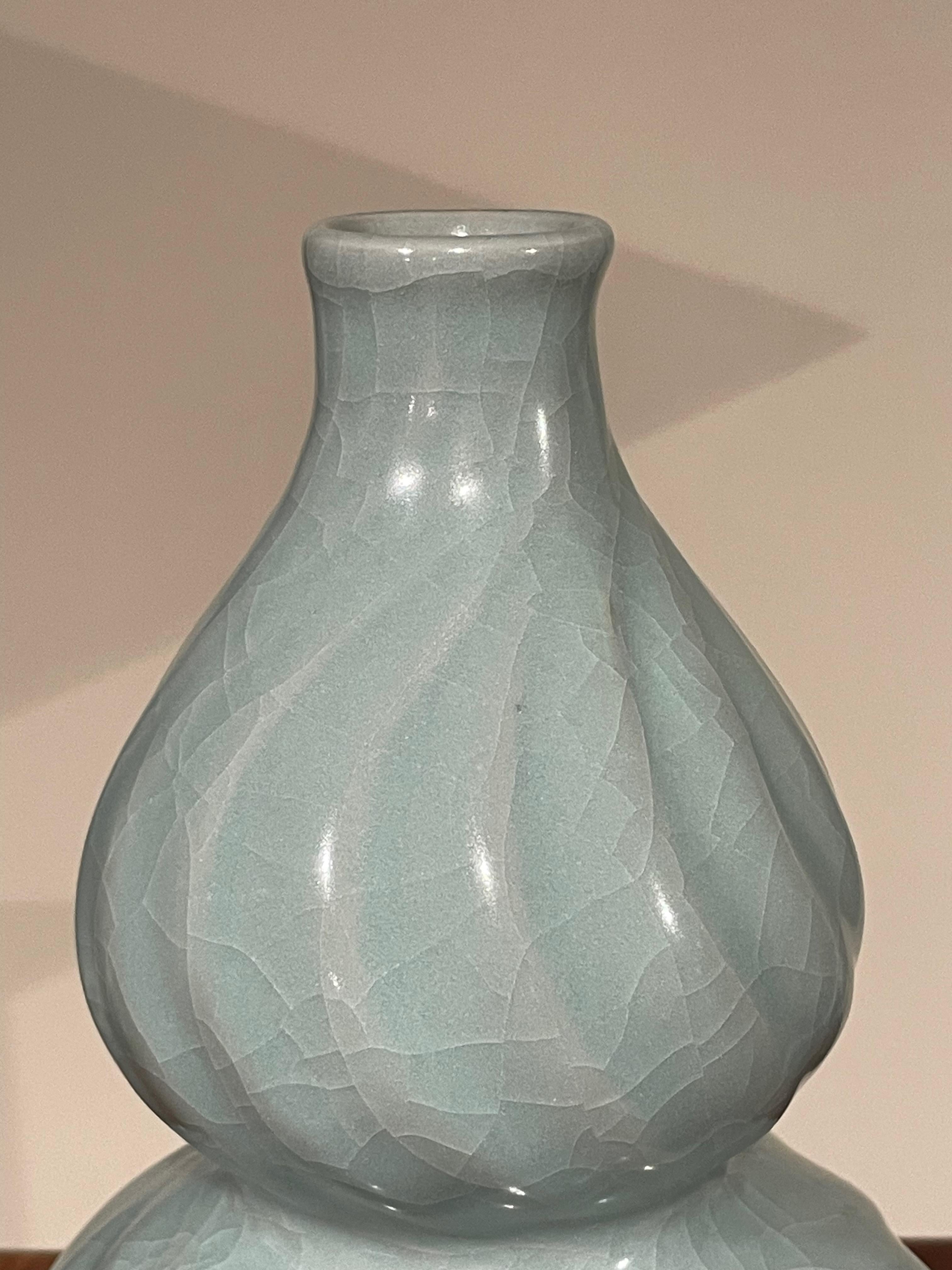 Chinese Pale Turquoise Gourd Shape With Spiral Design Vase, China, Contemporary For Sale
