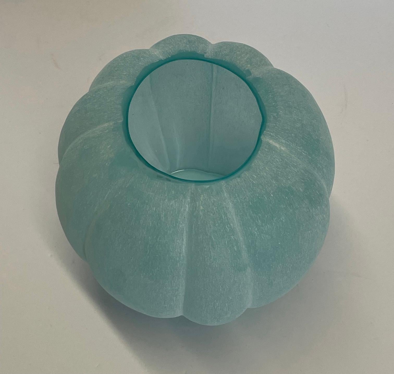 Romanian Pale Turquoise Multi Sided Pumpkin Shape Frosted Glass Vase, China, Contemporary For Sale