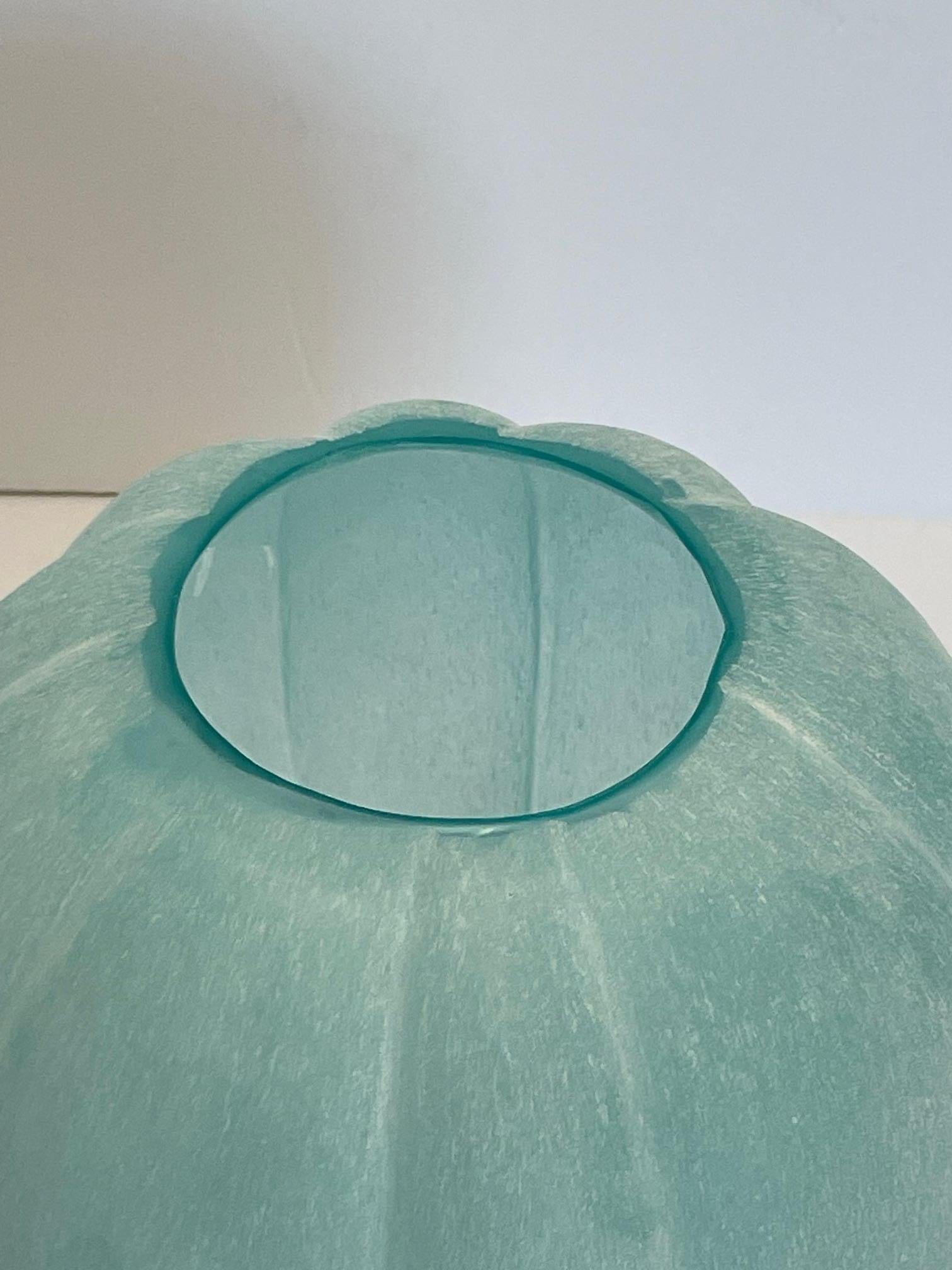Pale Turquoise Multi Sided Pumpkin Shape Frosted Glass Vase, China, Contemporary In New Condition For Sale In New York, NY