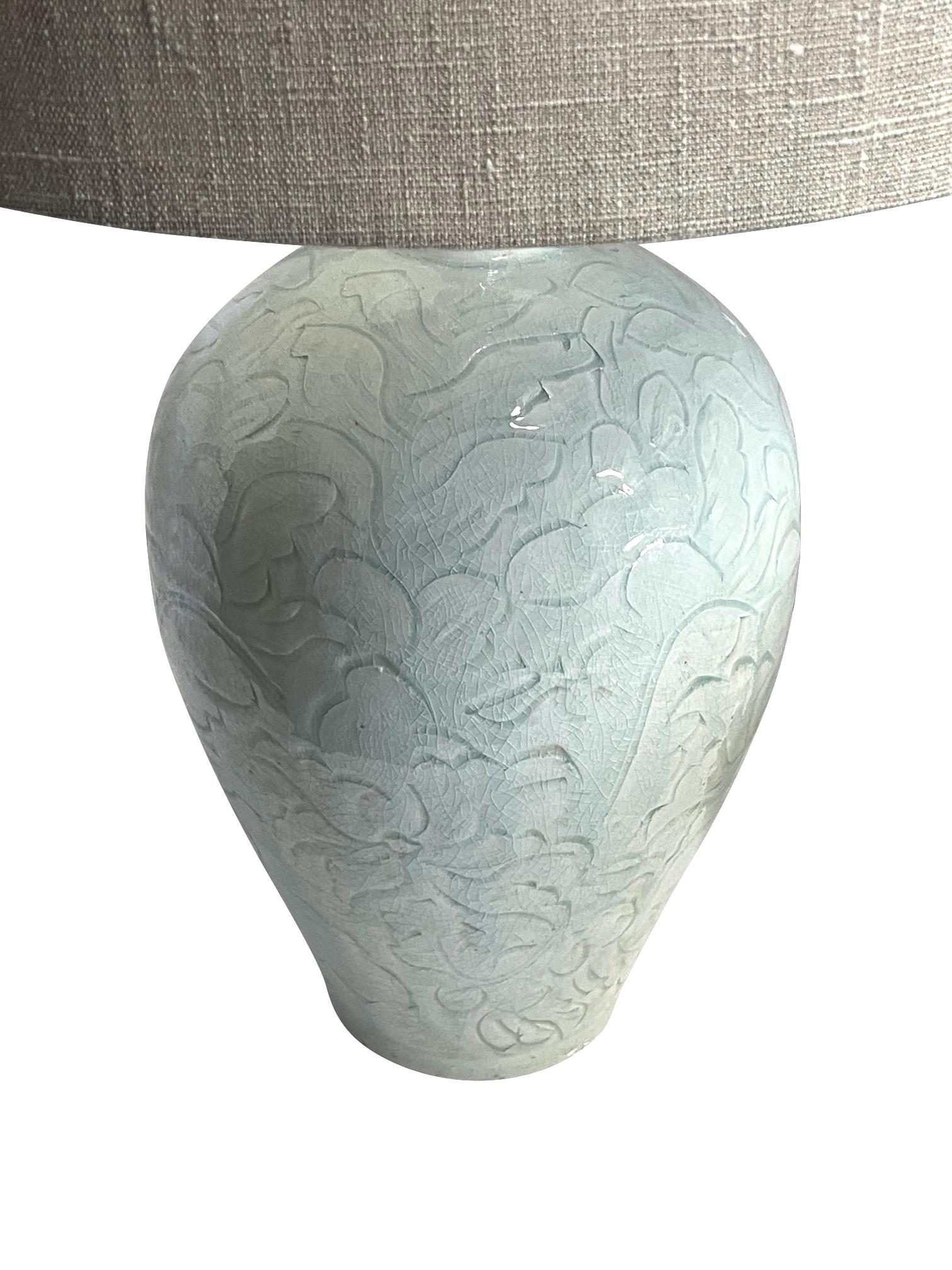 Paire de lampes chinoises contemporaines à motif turquoise pâle.
La base mesure 9