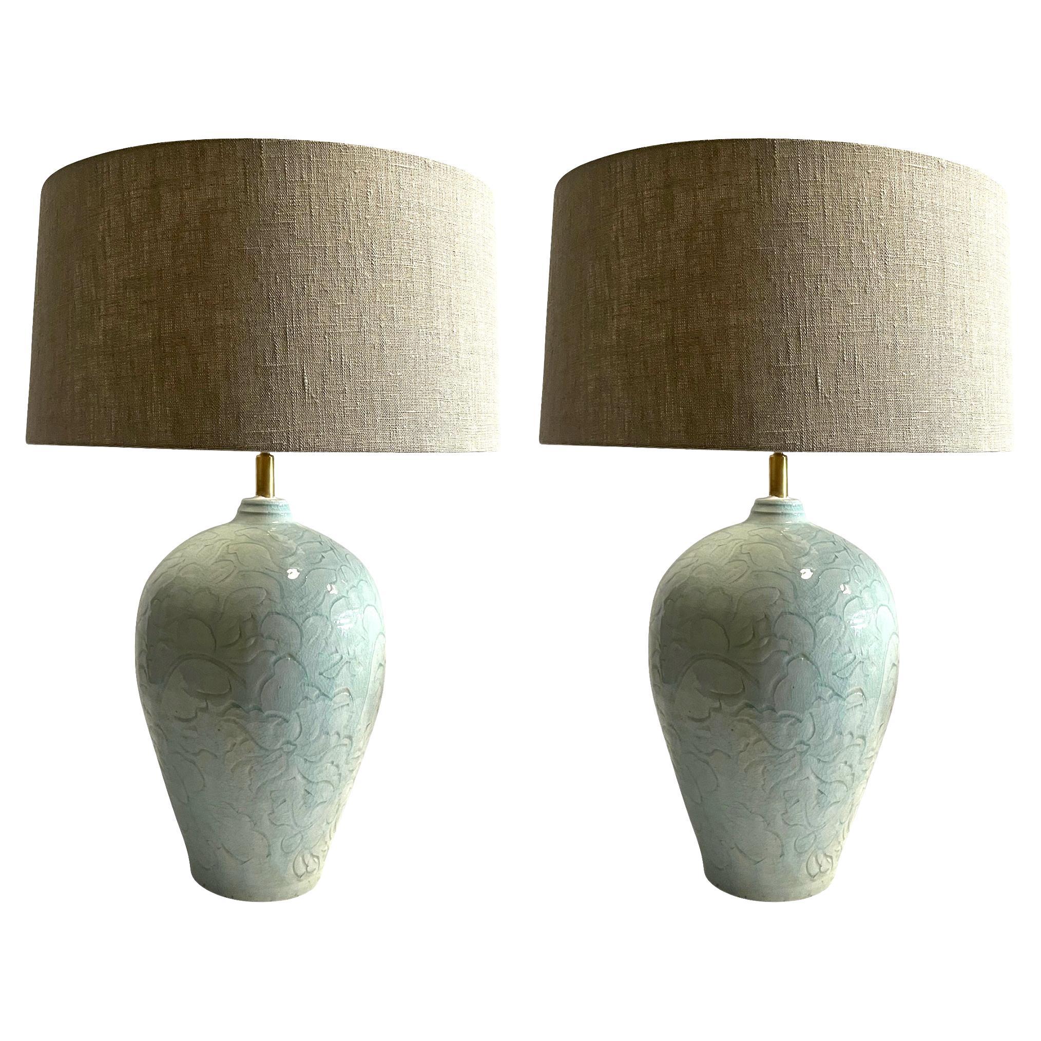 Pale Turquoise Pair Patterned Lamps With Shades, China, Contemporary