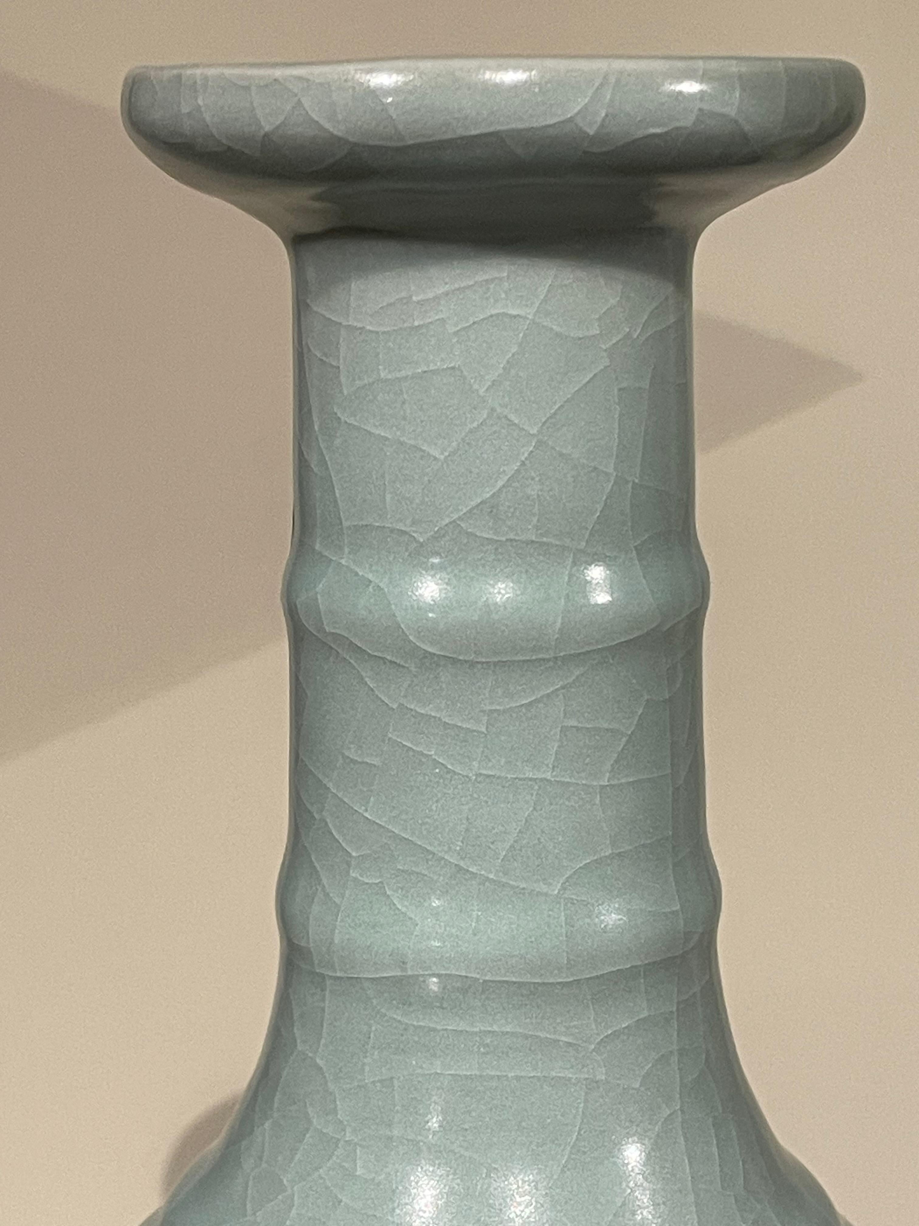 Chinese Pale Turquoise Tall Neck With Horizontal Rib Details Vase, China, Contemporary For Sale