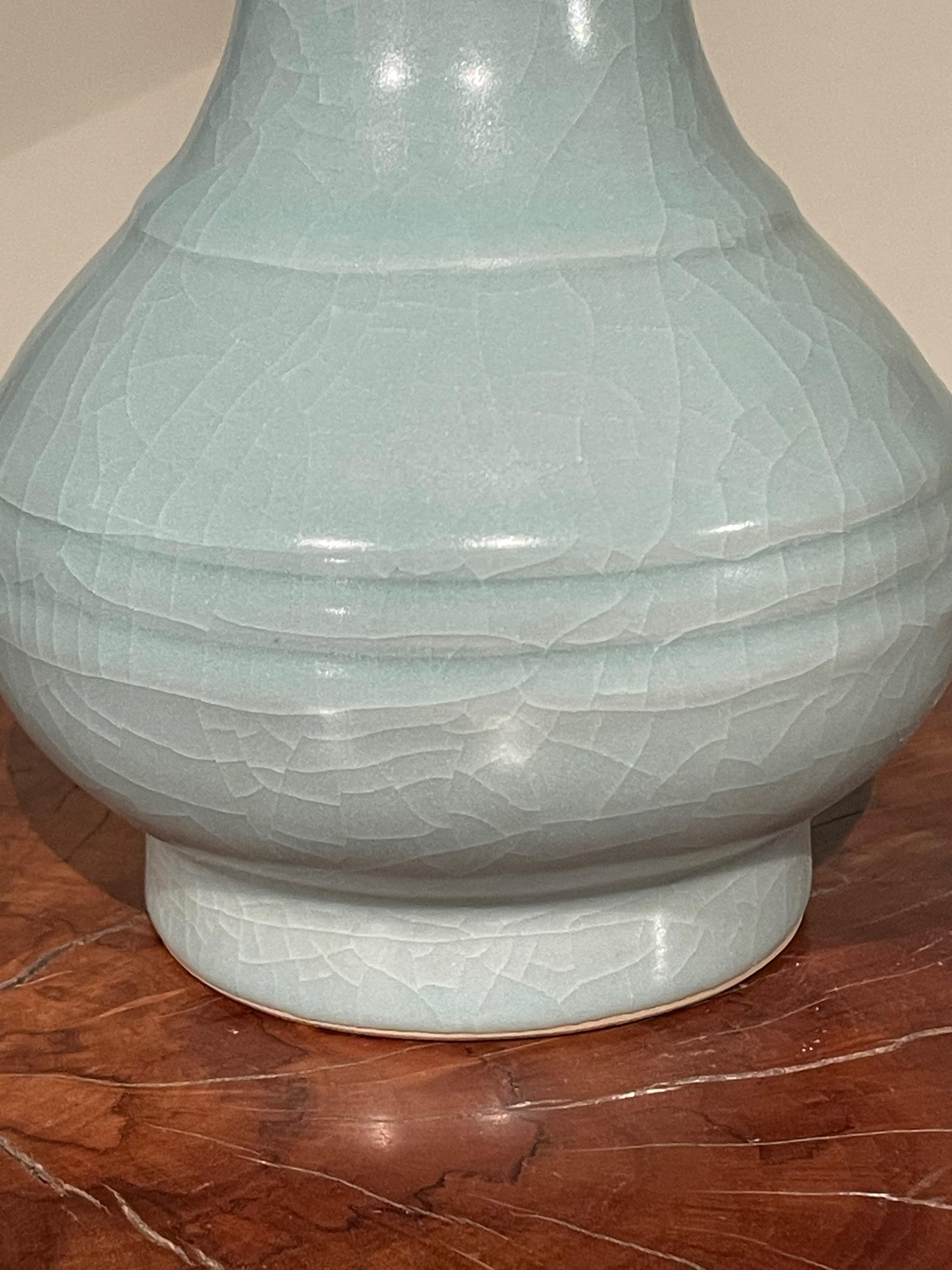 Pale Turquoise Tall Neck With Horizontal Rib Details Vase, China, Contemporary In New Condition For Sale In New York, NY