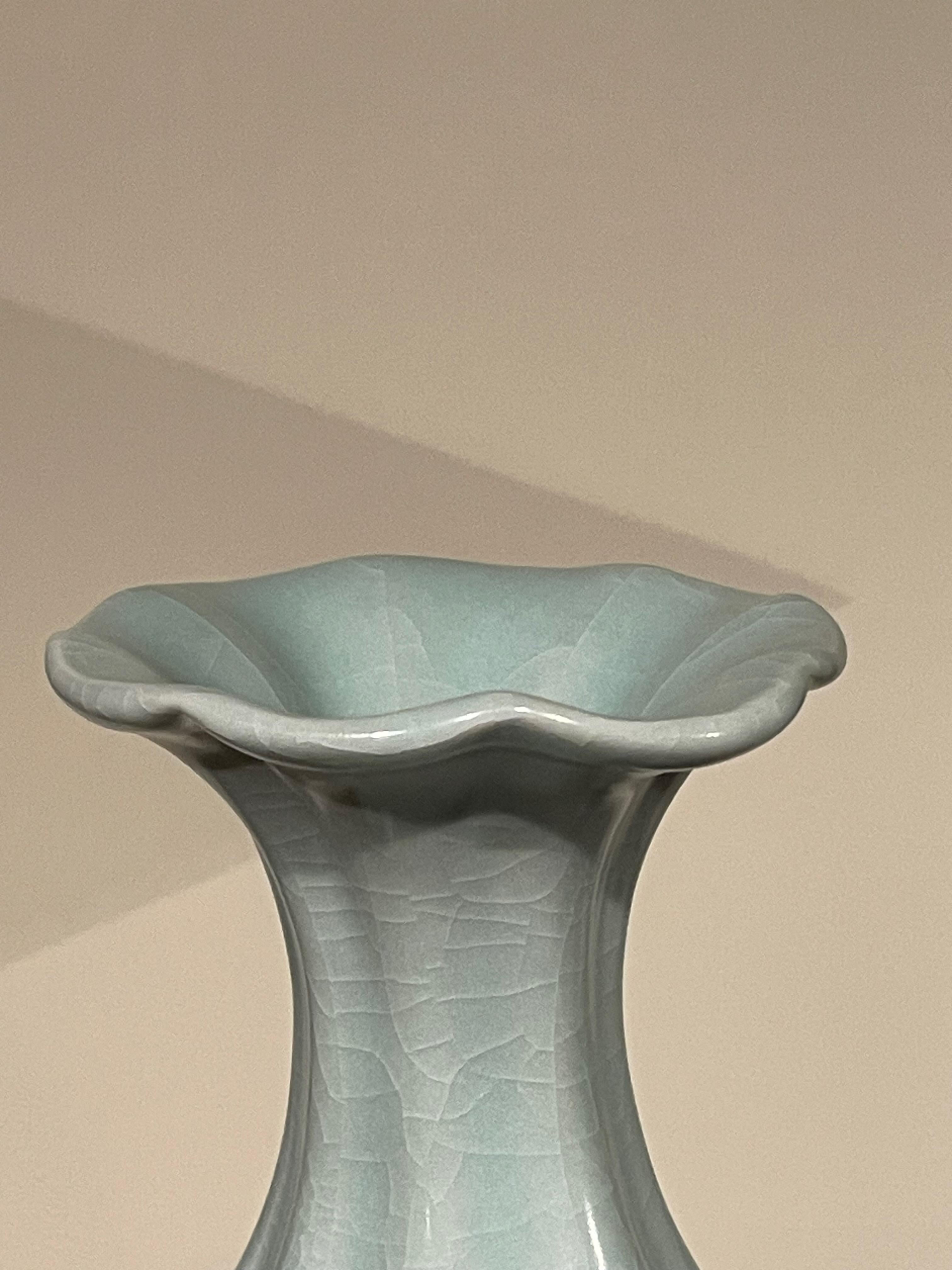 Contemporary Chinese pale turquoise vase.
Wavy top with ribbed curved base.
Large collection available with varying sizes and shapes.
ARRIVING APRIL