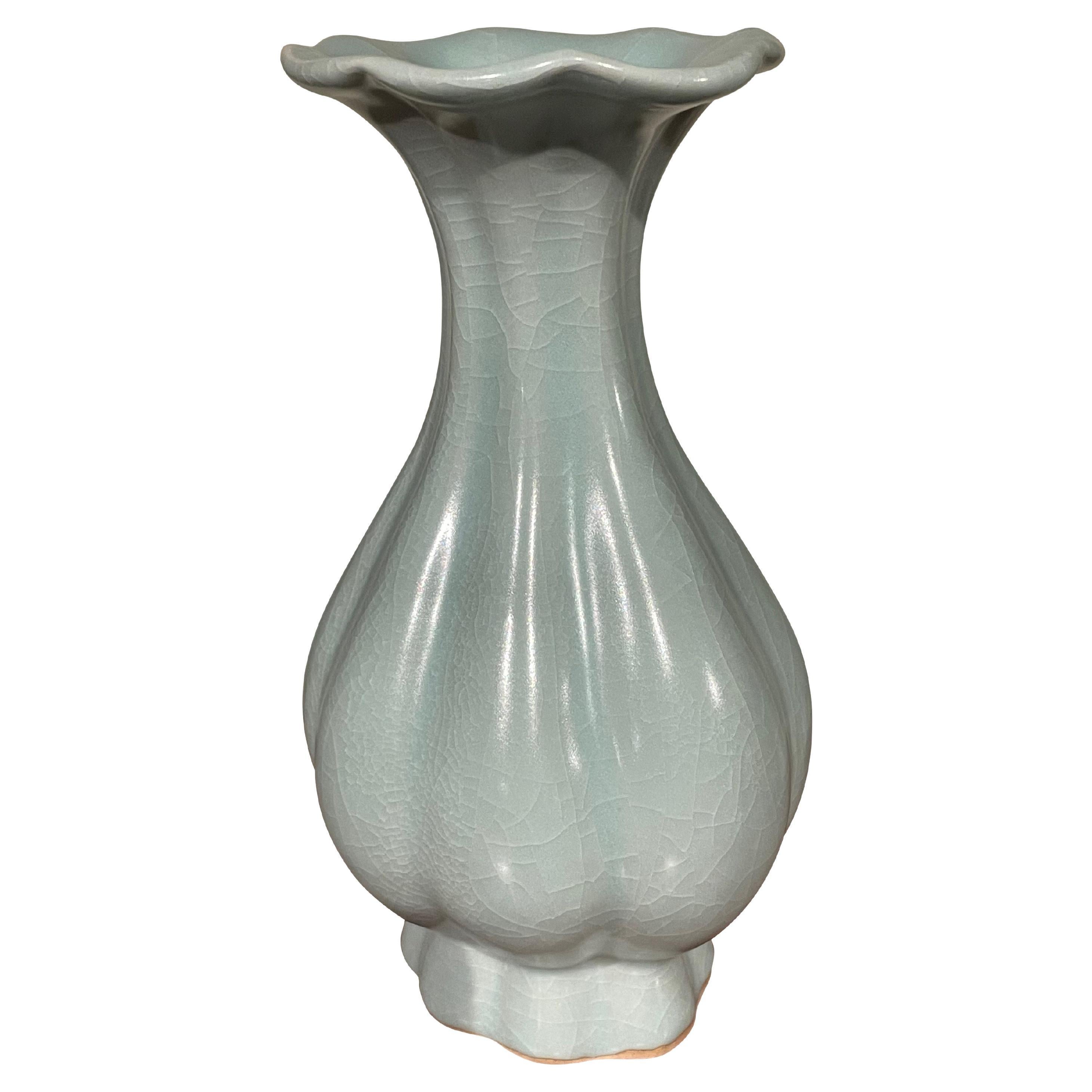Pale Turquoise Wavy Top With Ribbed Curved Base Vase, China, Contemporary For Sale