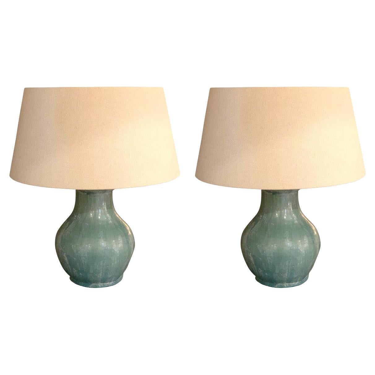 Pale Turquoise Weathered Glaze Pair of Lamps, China, Contemporary
