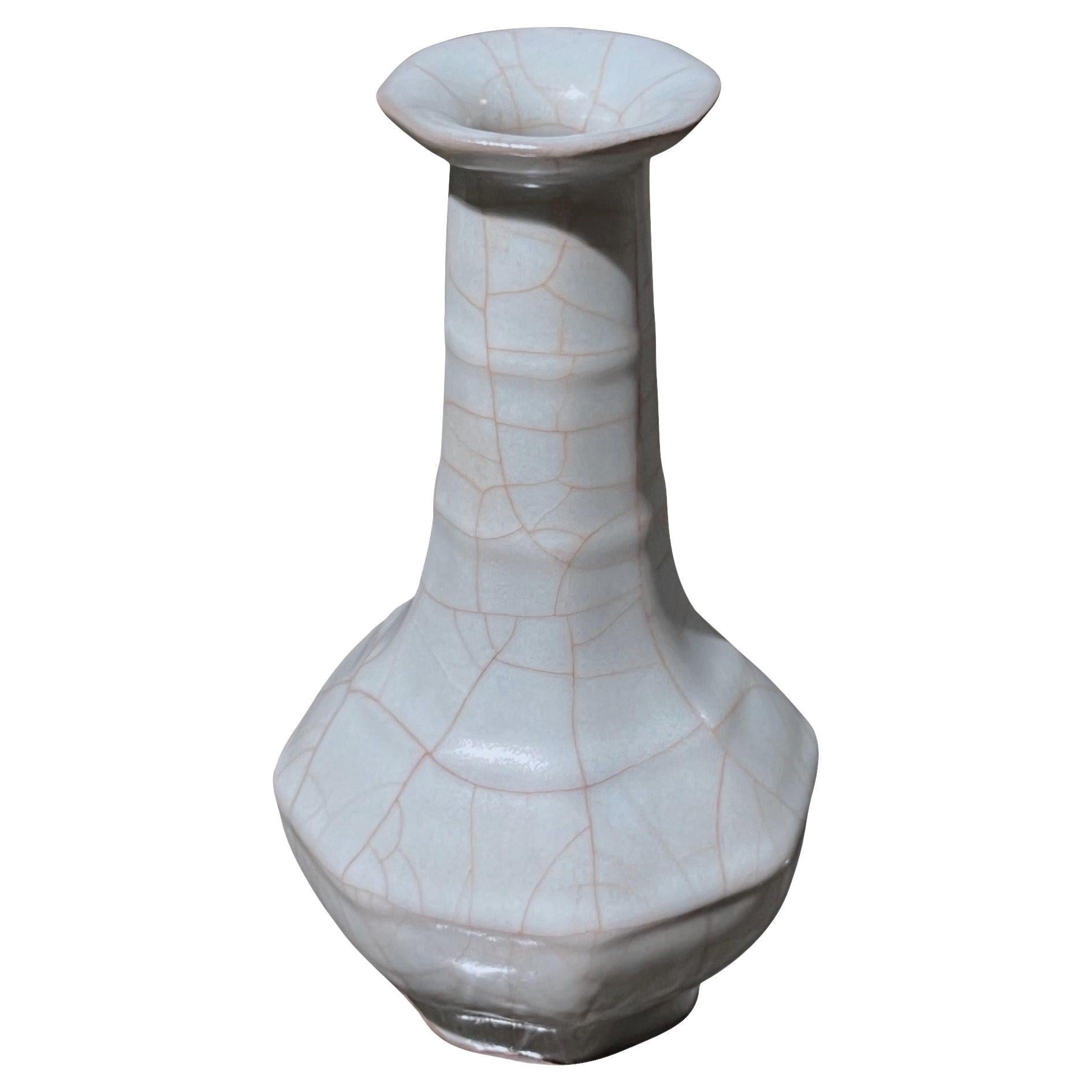 Pale Turquoise With Contrast Crackle Ribbed Neck Vase, China, Contemporary