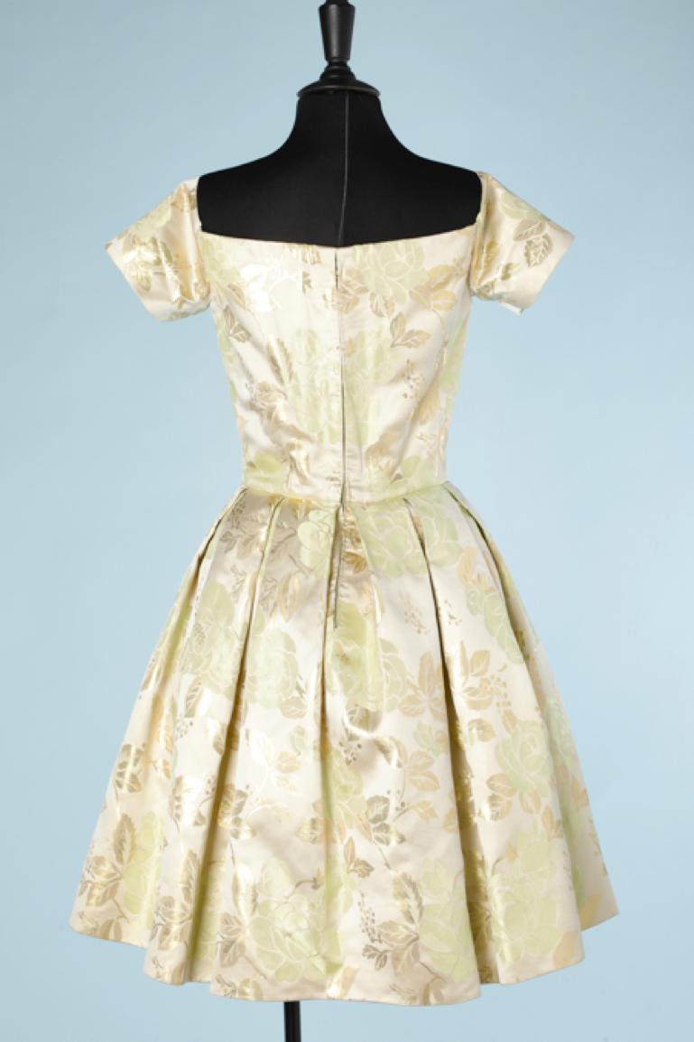 Gray Pale yellow and grey silk brocade cocktail dress with flower pattern Nina Ricci  For Sale