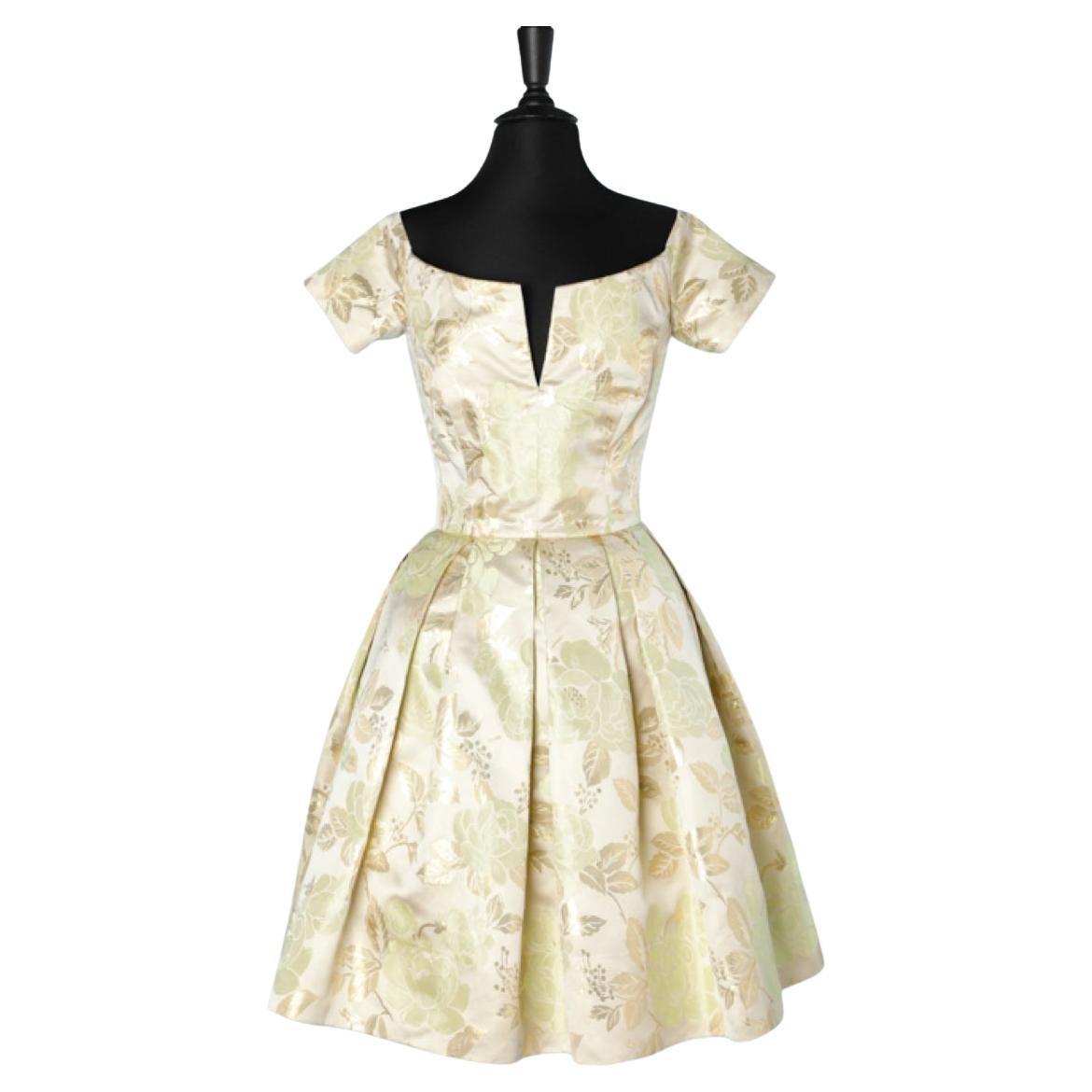 Pale yellow and grey silk brocade cocktail dress with flower pattern Nina Ricci  For Sale