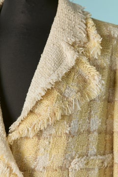 Pale yellow and white Tweed single breasted jacket with double collar CHANEL
