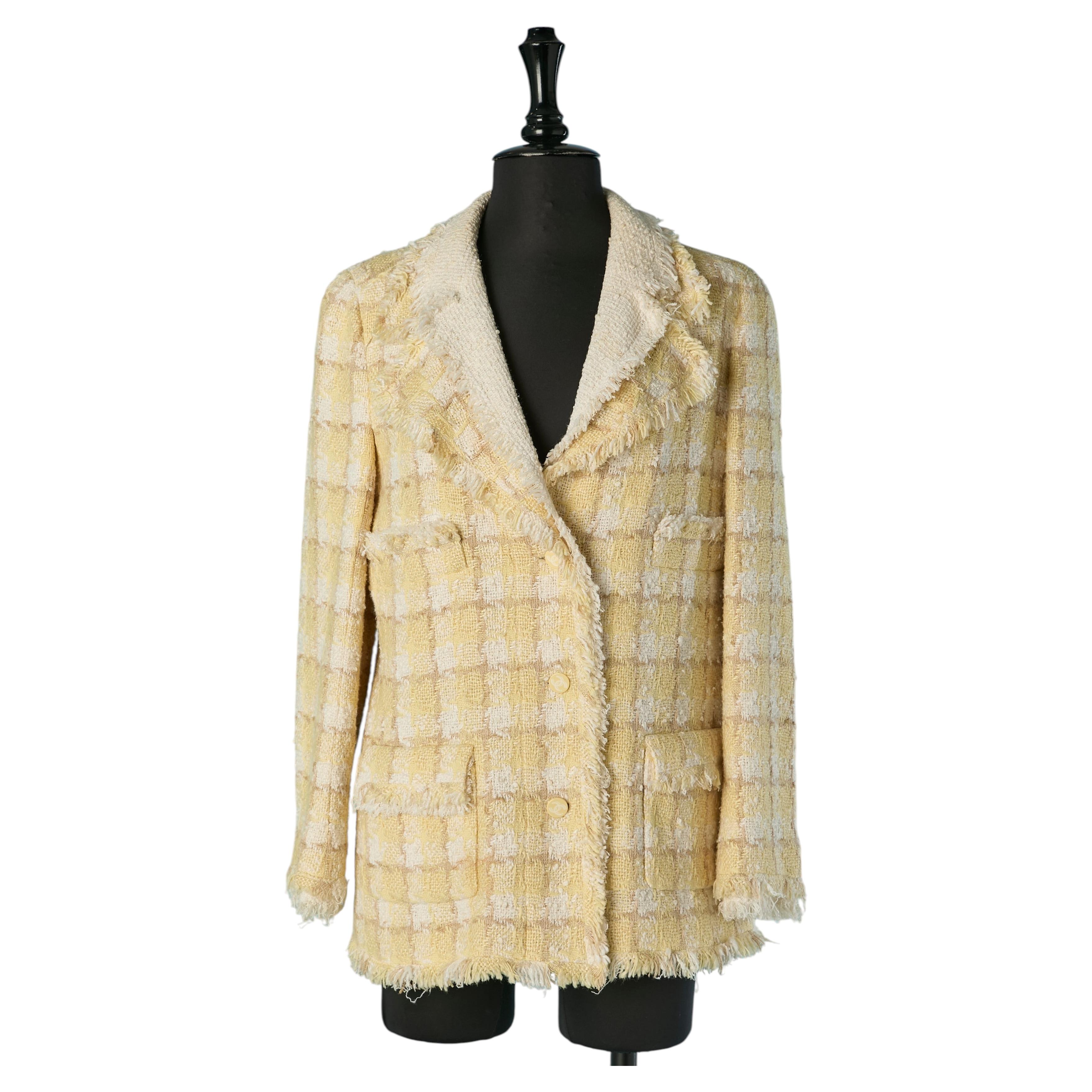 Pale yellow and white Tweed single breasted jacket with double collar CHANEL For Sale