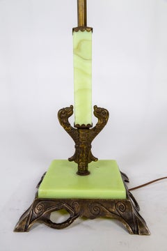 Pale Yellow Chartreuse Uranium Glass & Darkened Brass Deco Floor Lamp