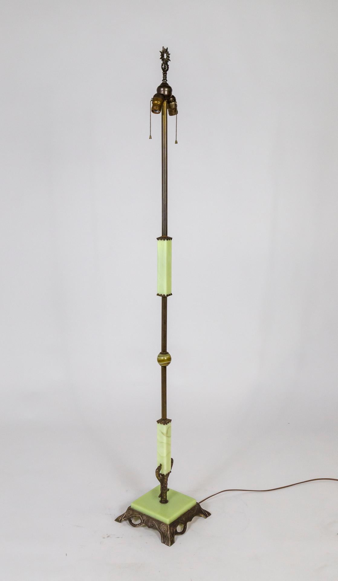 Pale Yellow Chartreuse Uranium Glass & Darkened Brass Deco Floor Lamp In Good Condition In San Francisco, CA