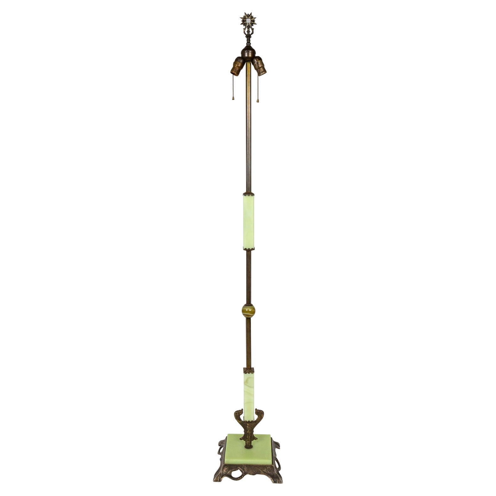 Pale Yellow Chartreuse Uranium Glass & Darkened Brass Deco Floor Lamp