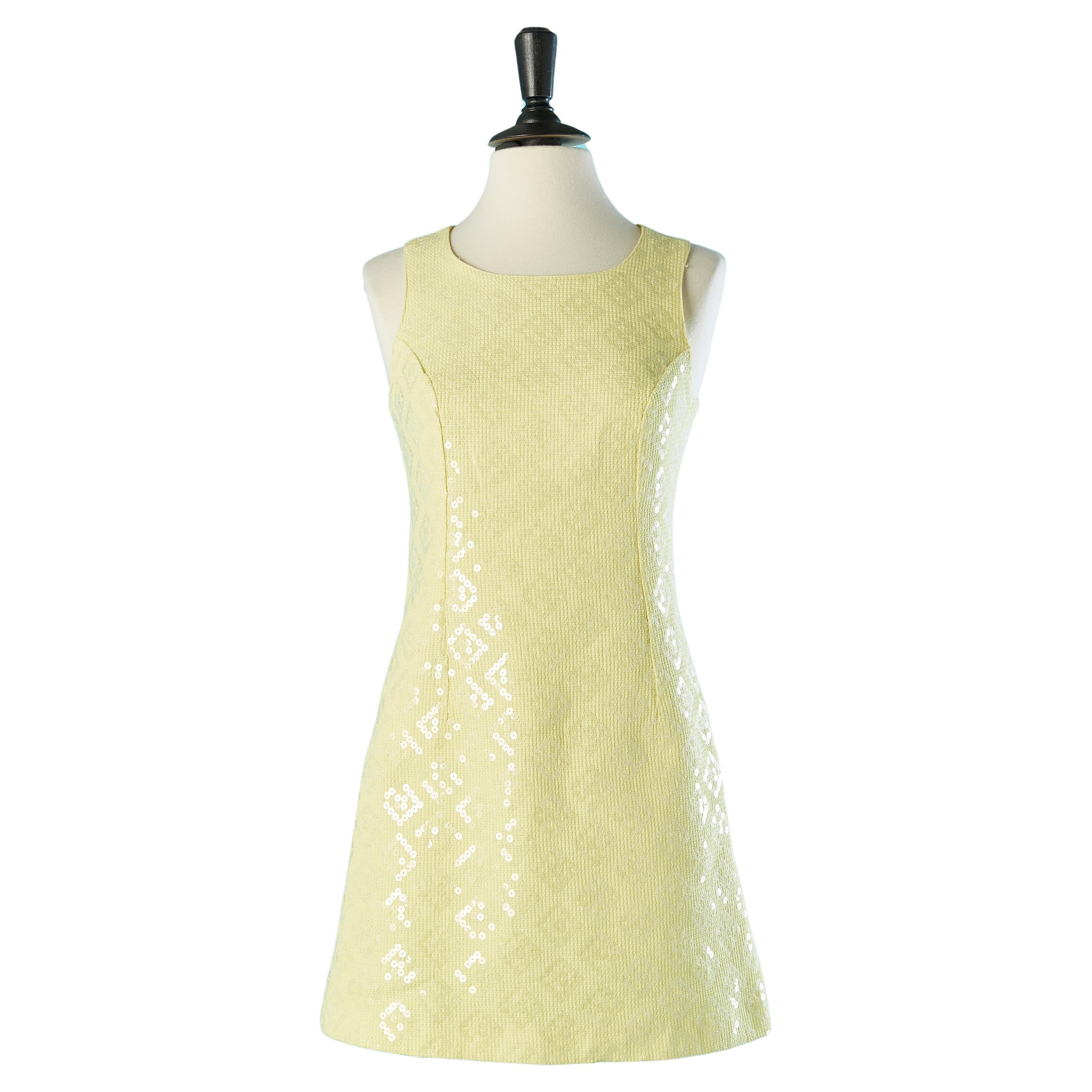 Pale yellow cocktail dress covered with transparent sequins Versus G .Versace For Sale