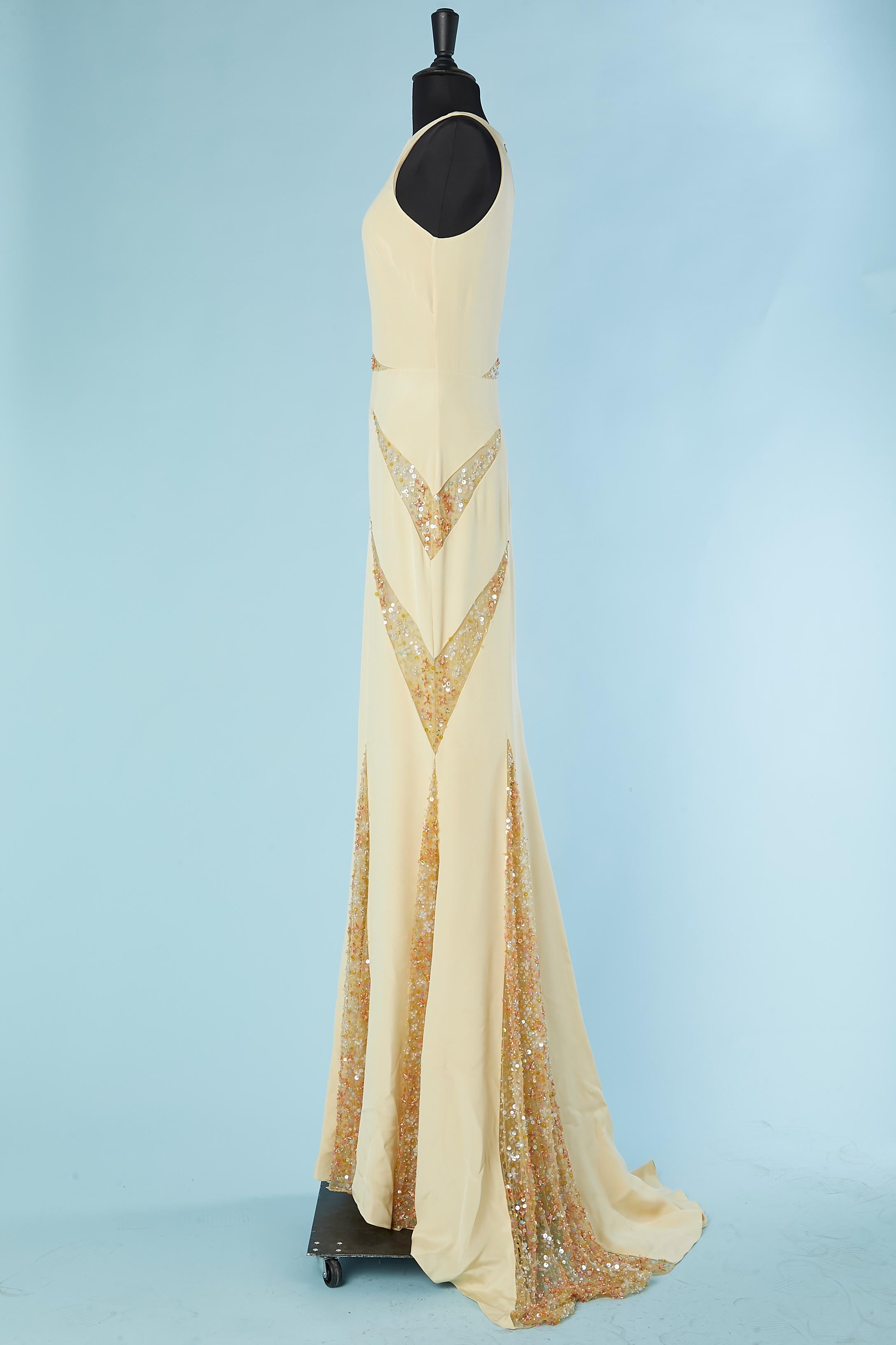 Pale yellow evening dress with tulle, beads and sequin inset Lorena Sarbu  For Sale 1