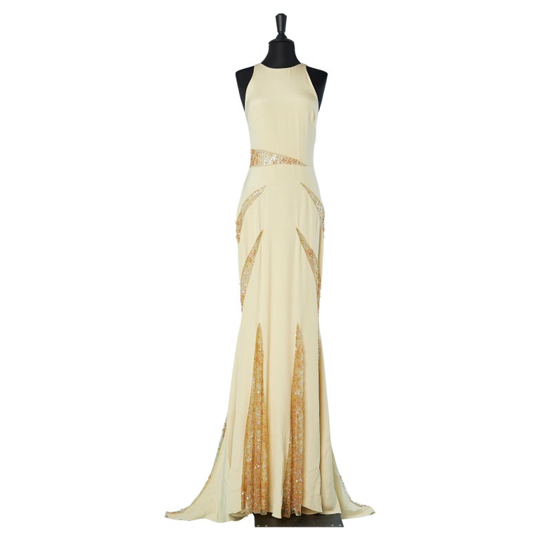 Pale yellow evening dress with tulle, beads and sequin inset Lorena Sarbu