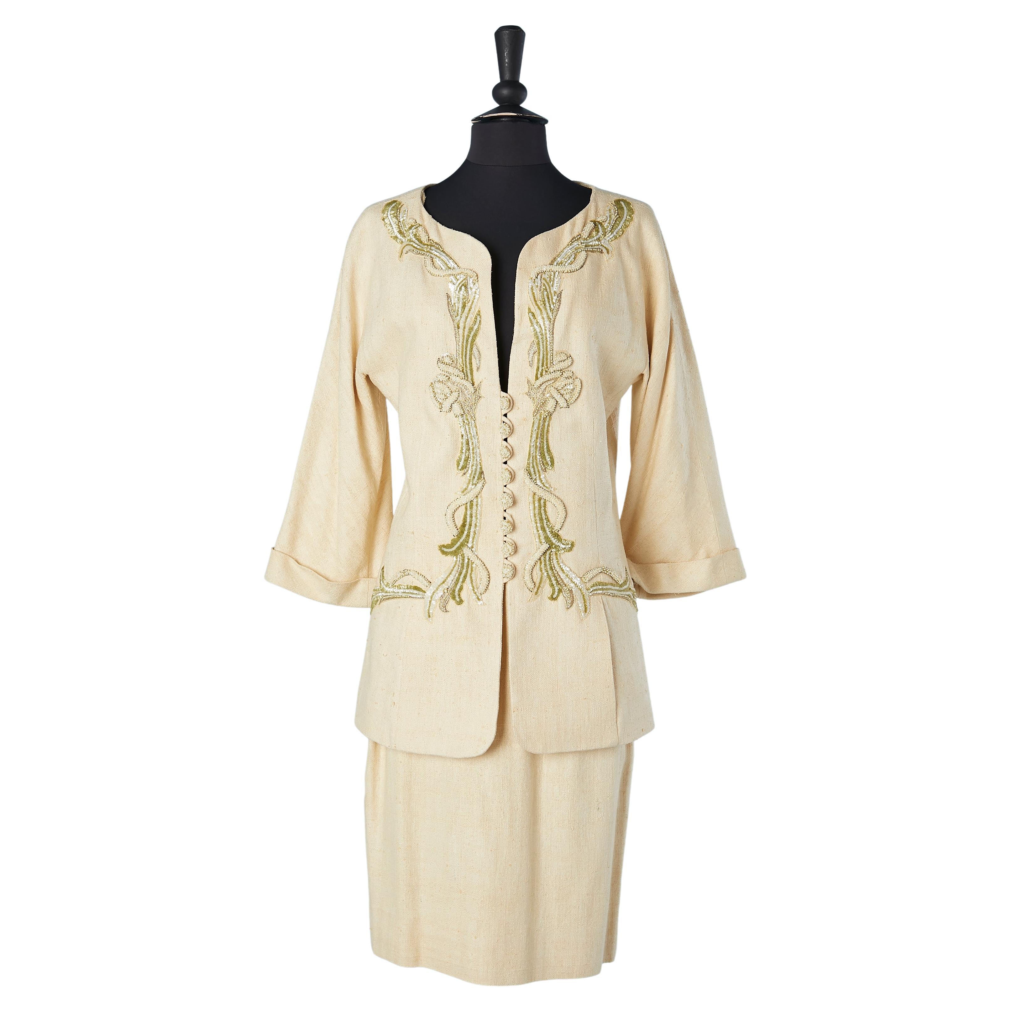 Pale yellow raw silk skirt-suit with beadwork and sequins  Karl Lagerfeld  For Sale
