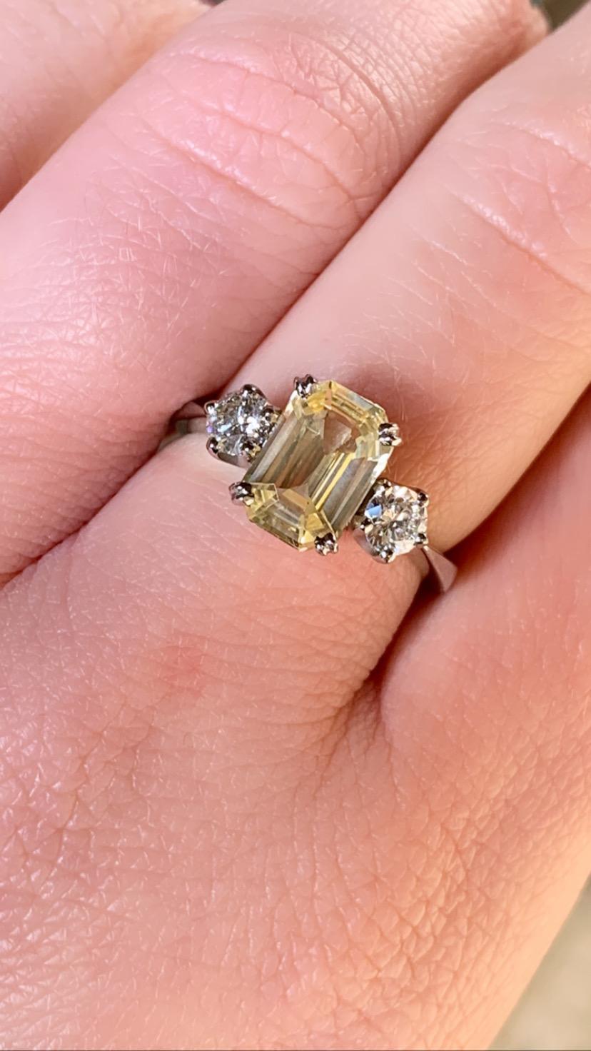 Pale Yellow Sapphire and Diamond Three-Stone Ring 18 Karat White Gold For Sale 1