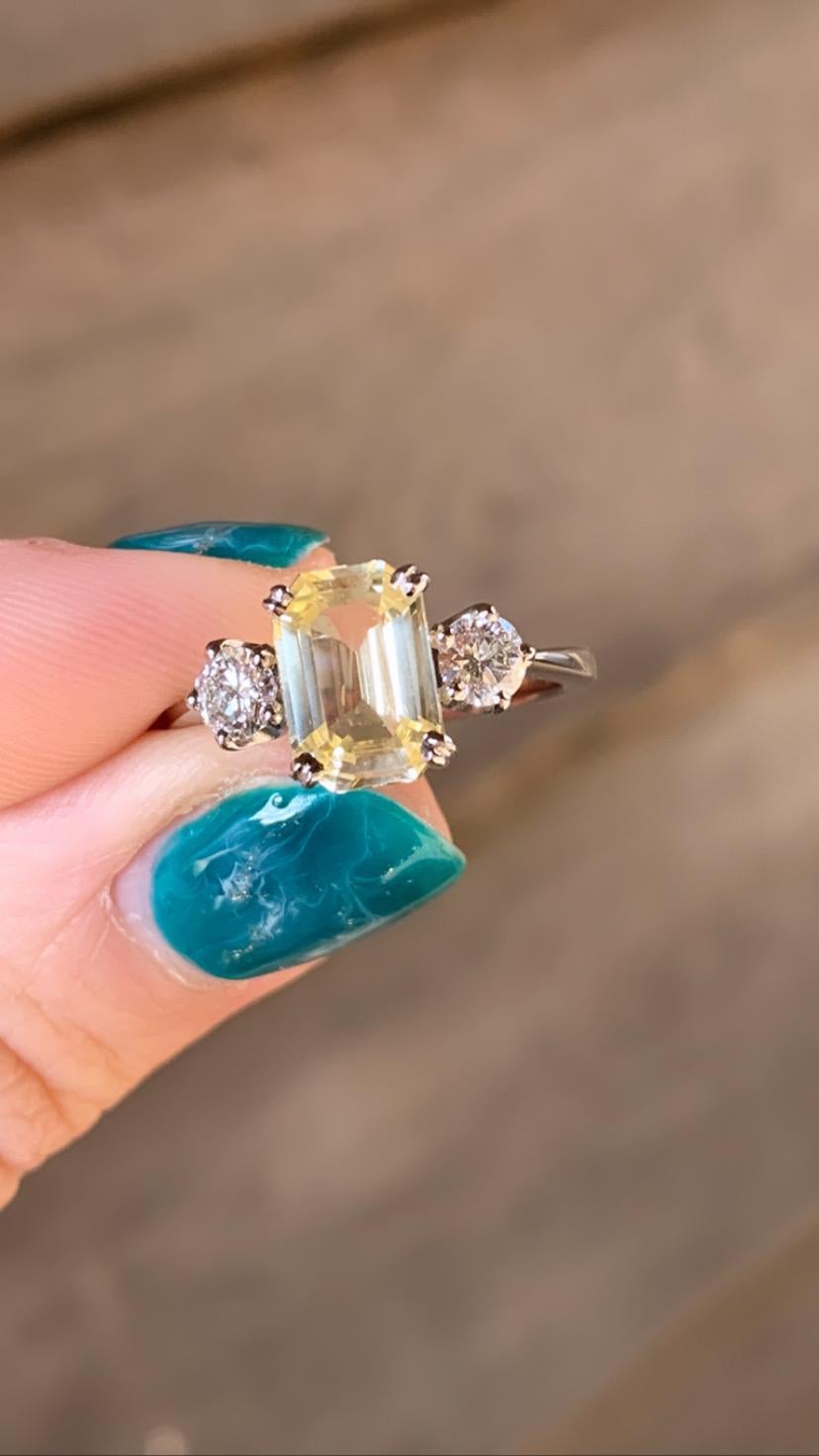Pale Yellow Sapphire and Diamond Three-Stone Ring 18 Karat White Gold For Sale 2