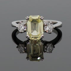 Pale Yellow Sapphire and Diamond Three-Stone Ring 18 Karat White Gold