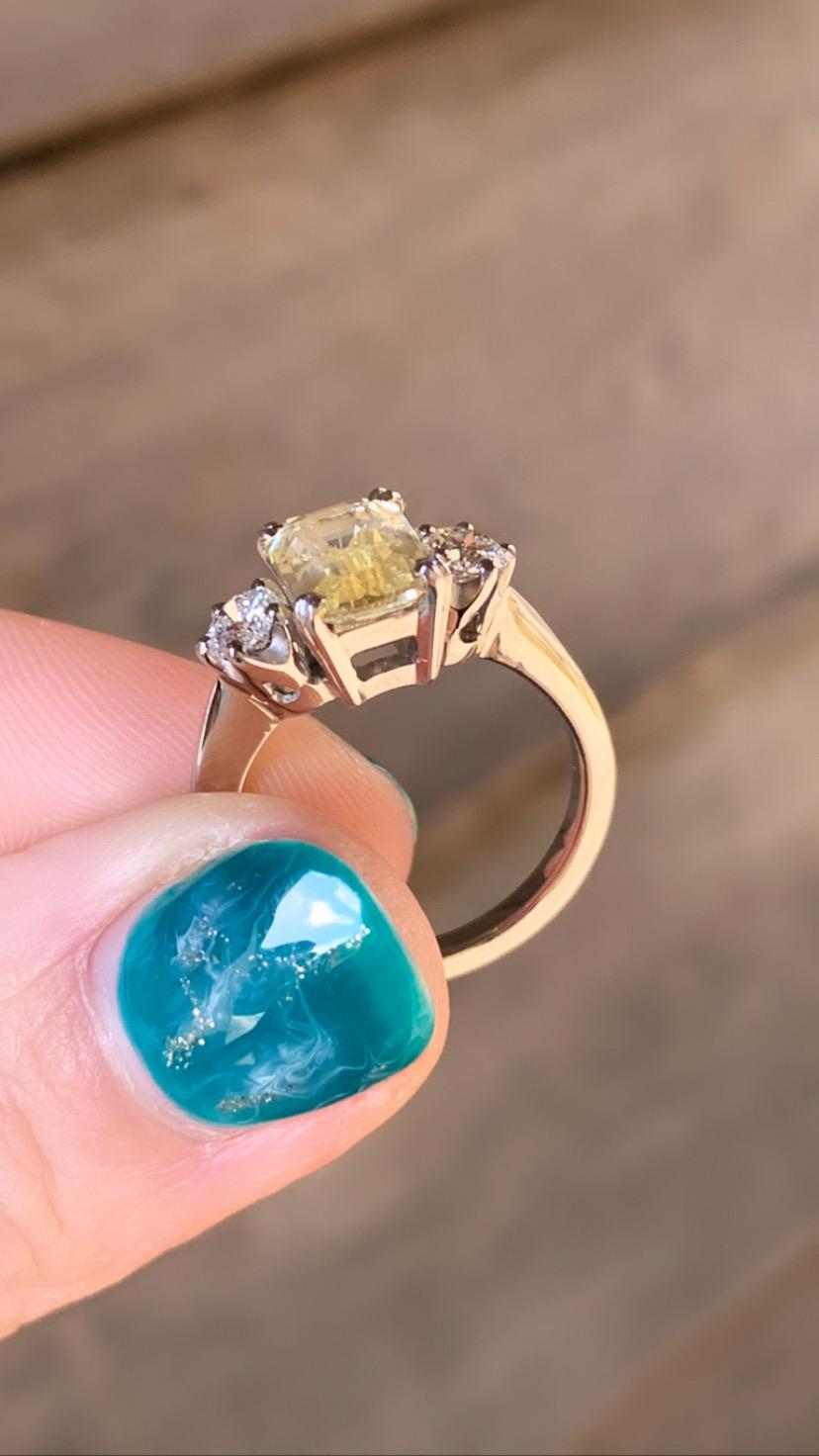 Women's Pale Yellow Sapphire and Diamond Three-Stone Ring 18 Karat White Gold For Sale
