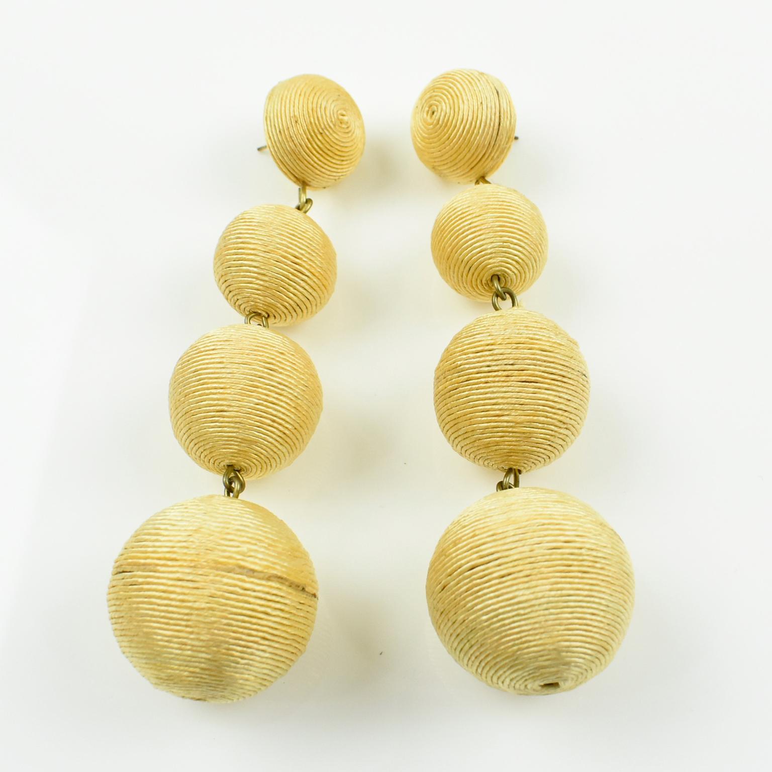 Modernist Pale Yellow Thread Pierced Earrings Dangling Disco Balls