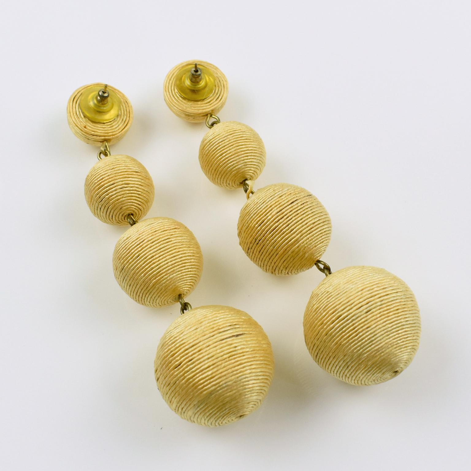 Pale Yellow Thread Pierced Earrings Dangling Disco Balls In Excellent Condition In Atlanta, GA