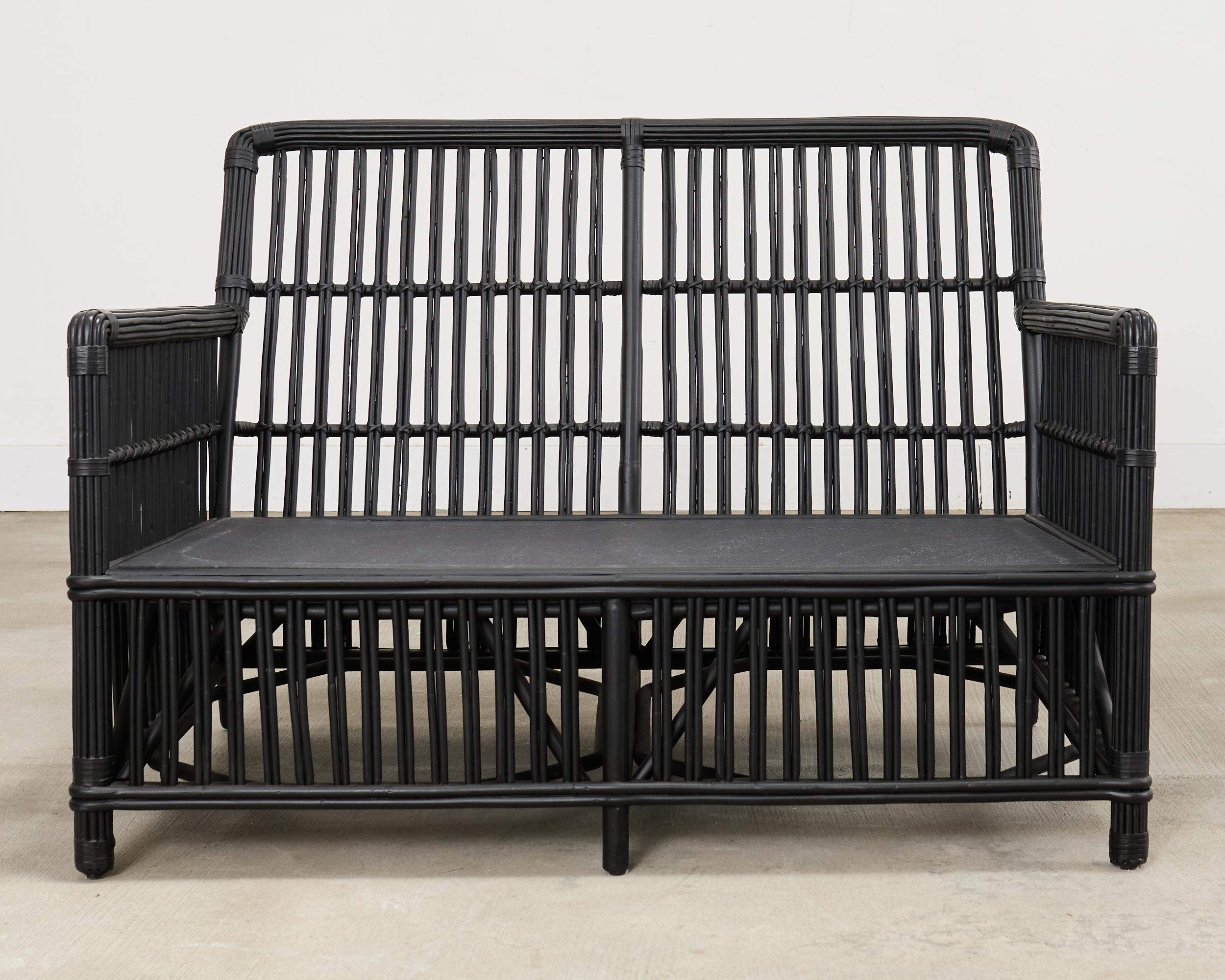 Palecek Art Deco Stil Rattan Bleistift Reed Settee im Angebot 1