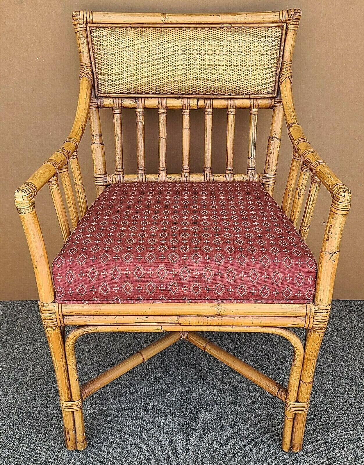 Offering One of our recent palm beach estate fine furniture acquisitions of a Palecek bamboo wicker rattan upholstered dining accent desk armchair

Approximate measurements in inches
34.5
