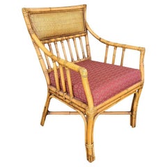 Retro Palecek Bamboo Wicker Rattan Upholstered Dining Accent Desk Armchair