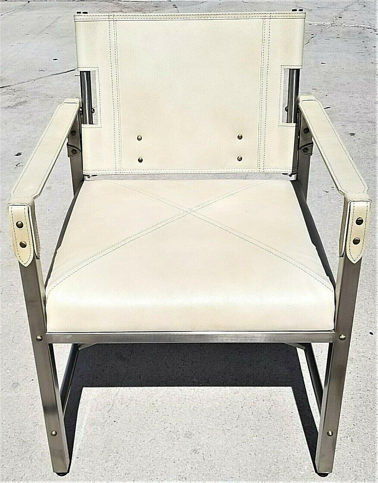 Palecek Campaign Style Leather and Chrome Lounge Armchair In Good Condition For Sale In Lake Worth, FL