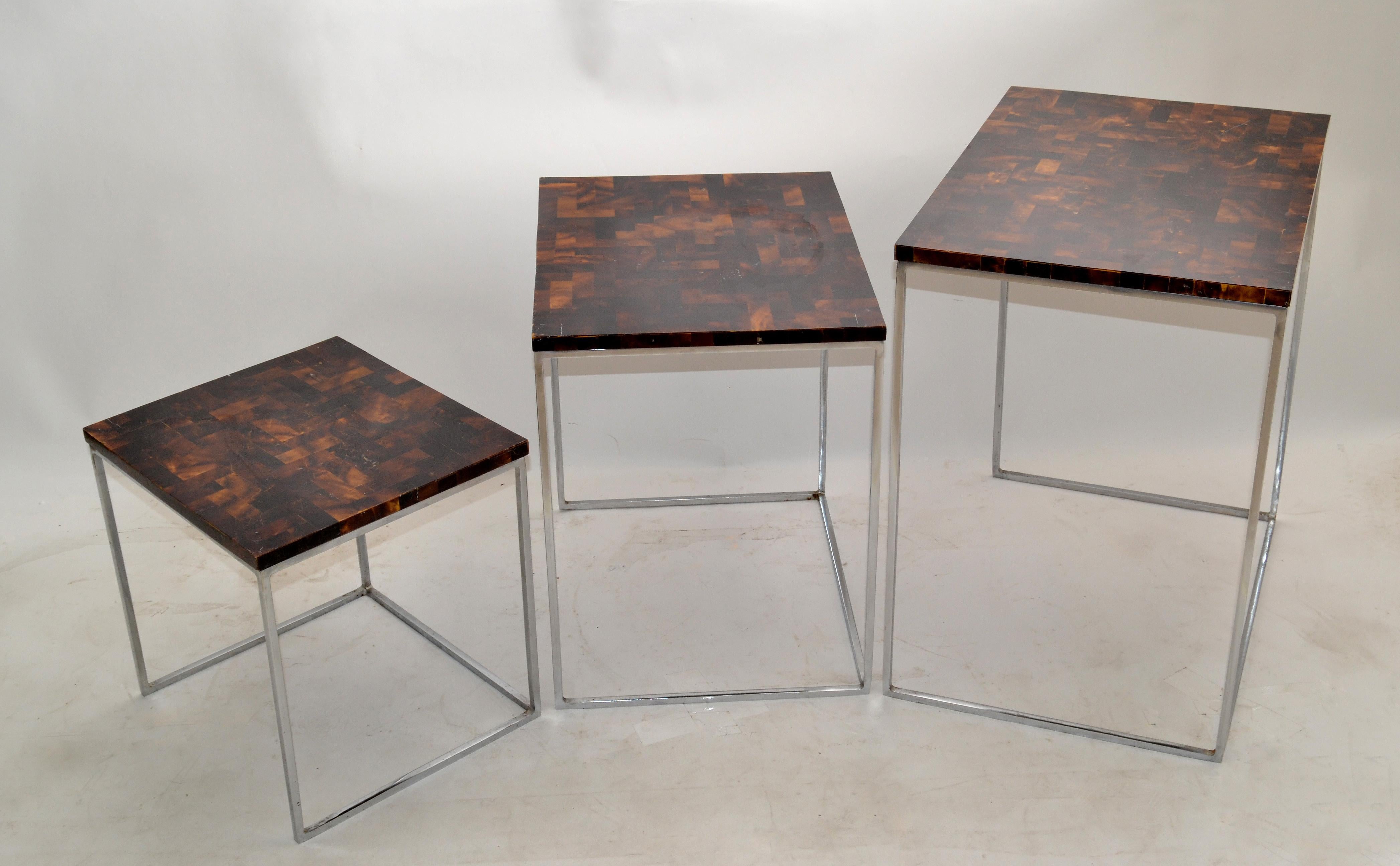 Palecek Coconut & Chrome Nesting Tables / Stacking Tables Handcrafted, Set of 3 For Sale 5