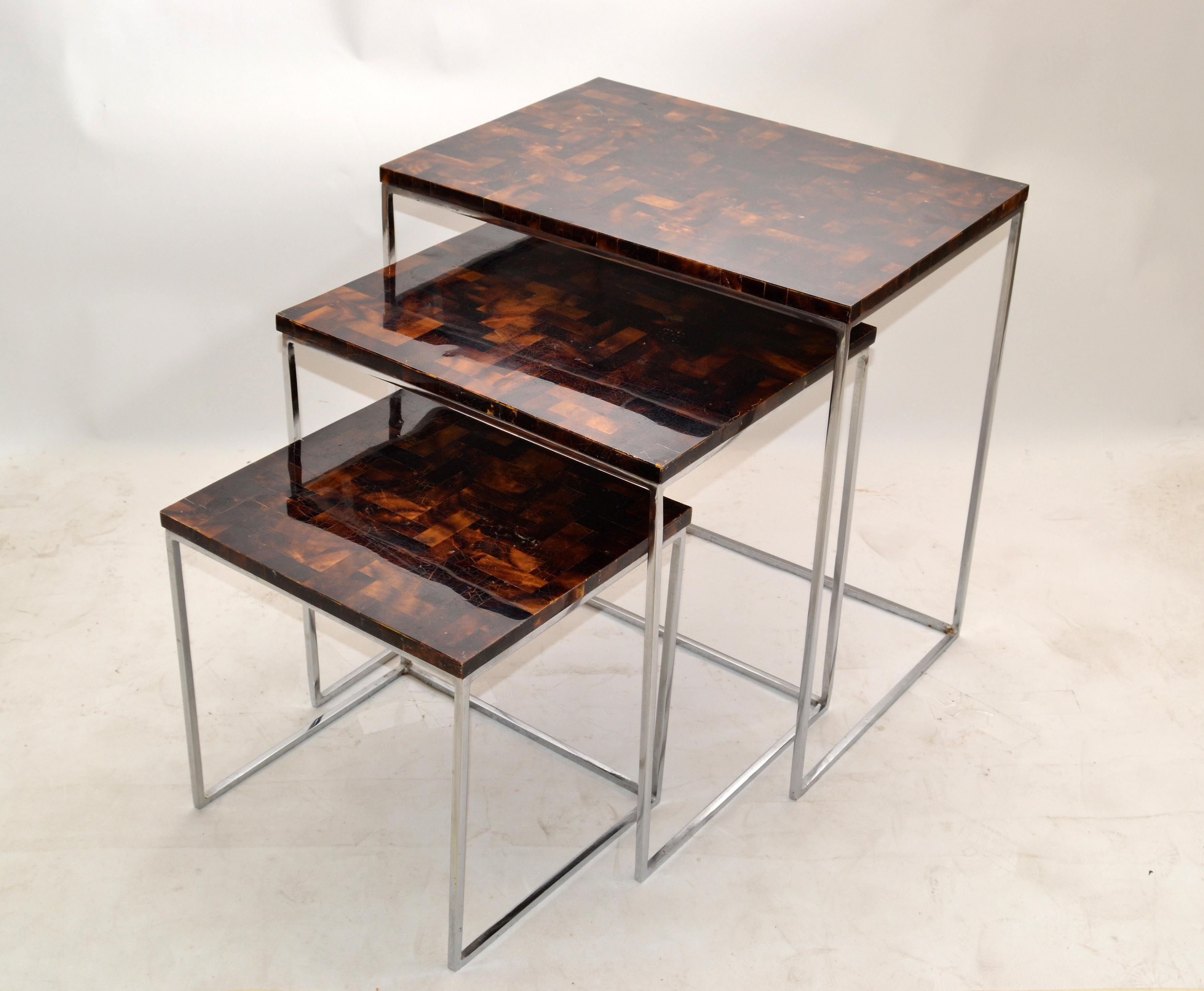 Palecek Coconut & Chrome Nesting Tables / Stacking Tables Handcrafted, Set of 3 For Sale 6