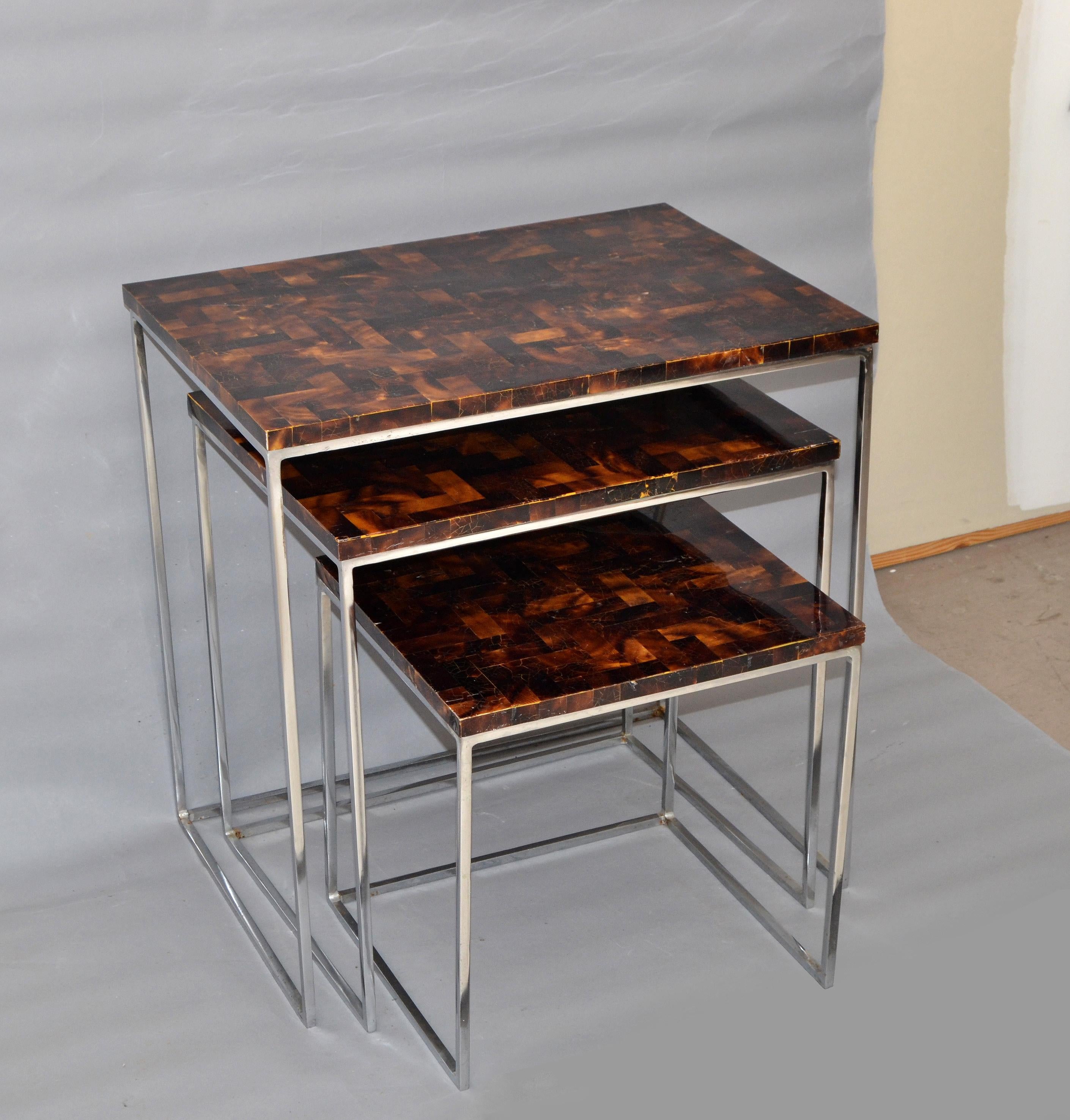 Philippine Palecek Coconut & Chrome Nesting Tables / Stacking Tables Handcrafted, Set of 3 For Sale