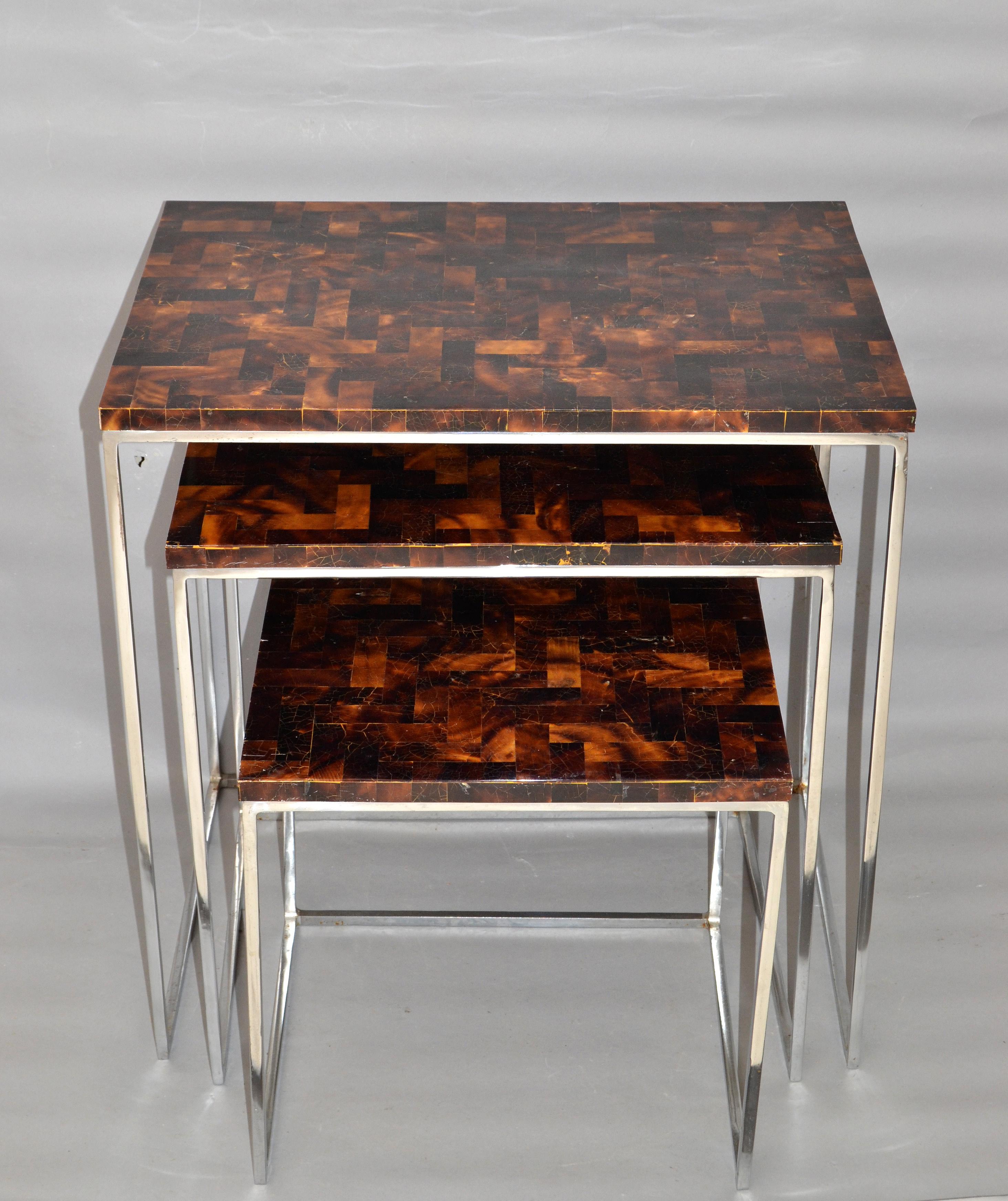 Palecek Coconut & Chrome Nesting Tables / Stacking Tables Handcrafted, Set of 3 In Good Condition For Sale In Miami, FL