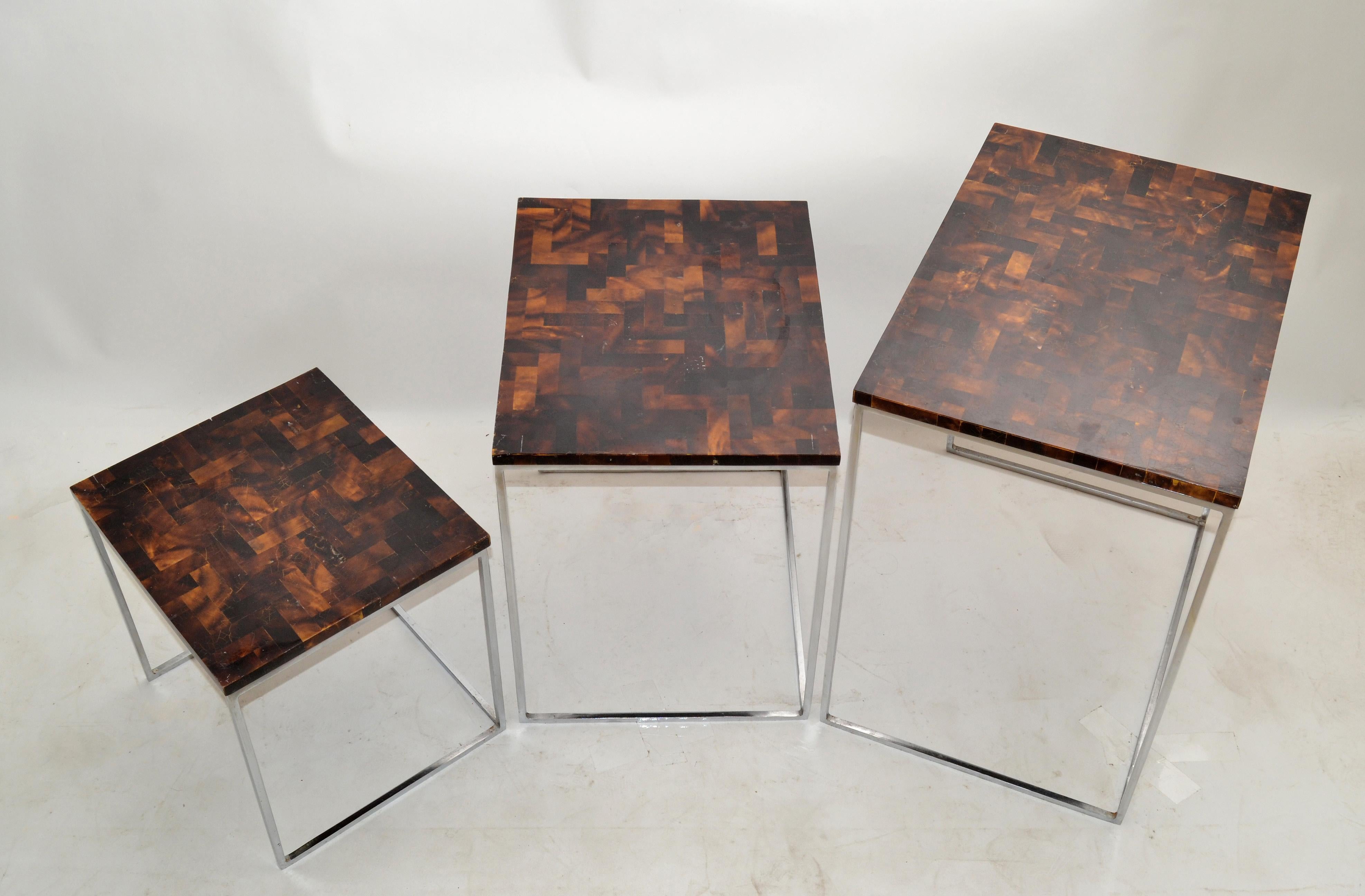 Late 20th Century Palecek Coconut & Chrome Nesting Tables / Stacking Tables Handcrafted, Set of 3 For Sale