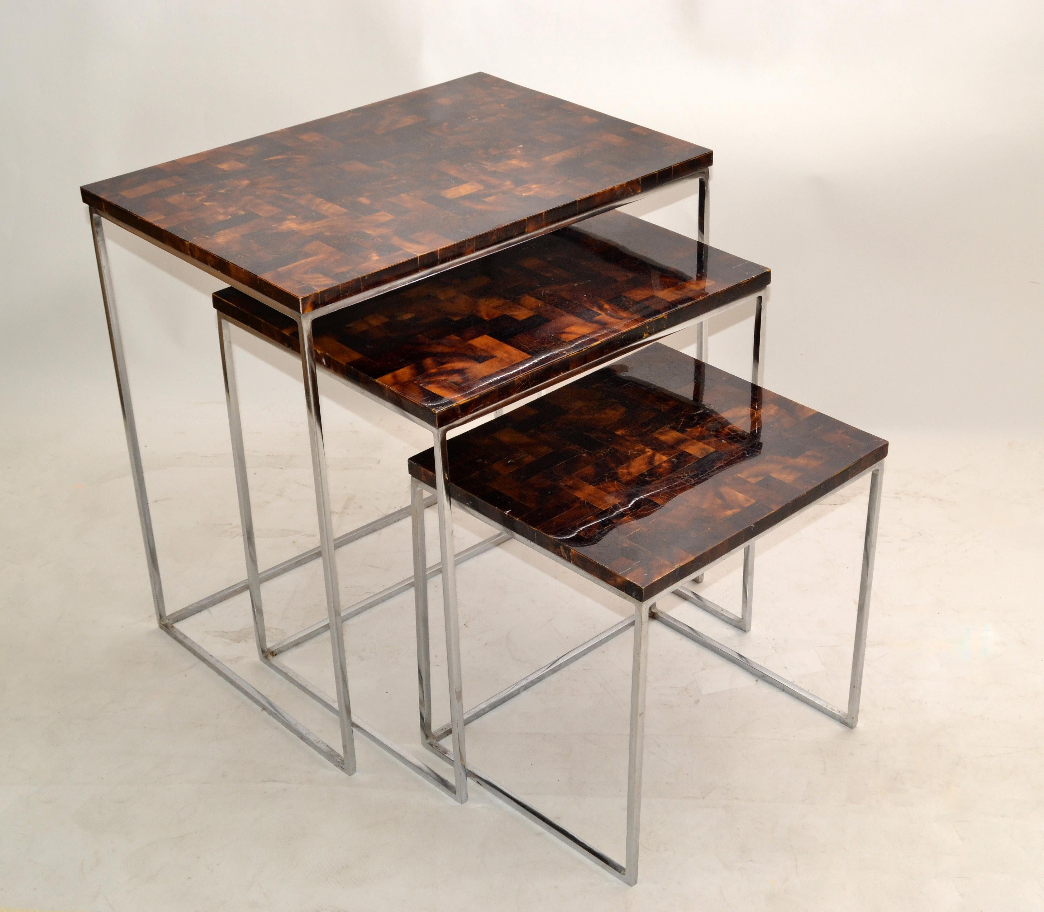 Palecek Coconut & Chrome Nesting Tables / Stacking Tables Handcrafted, Set of 3 For Sale 1