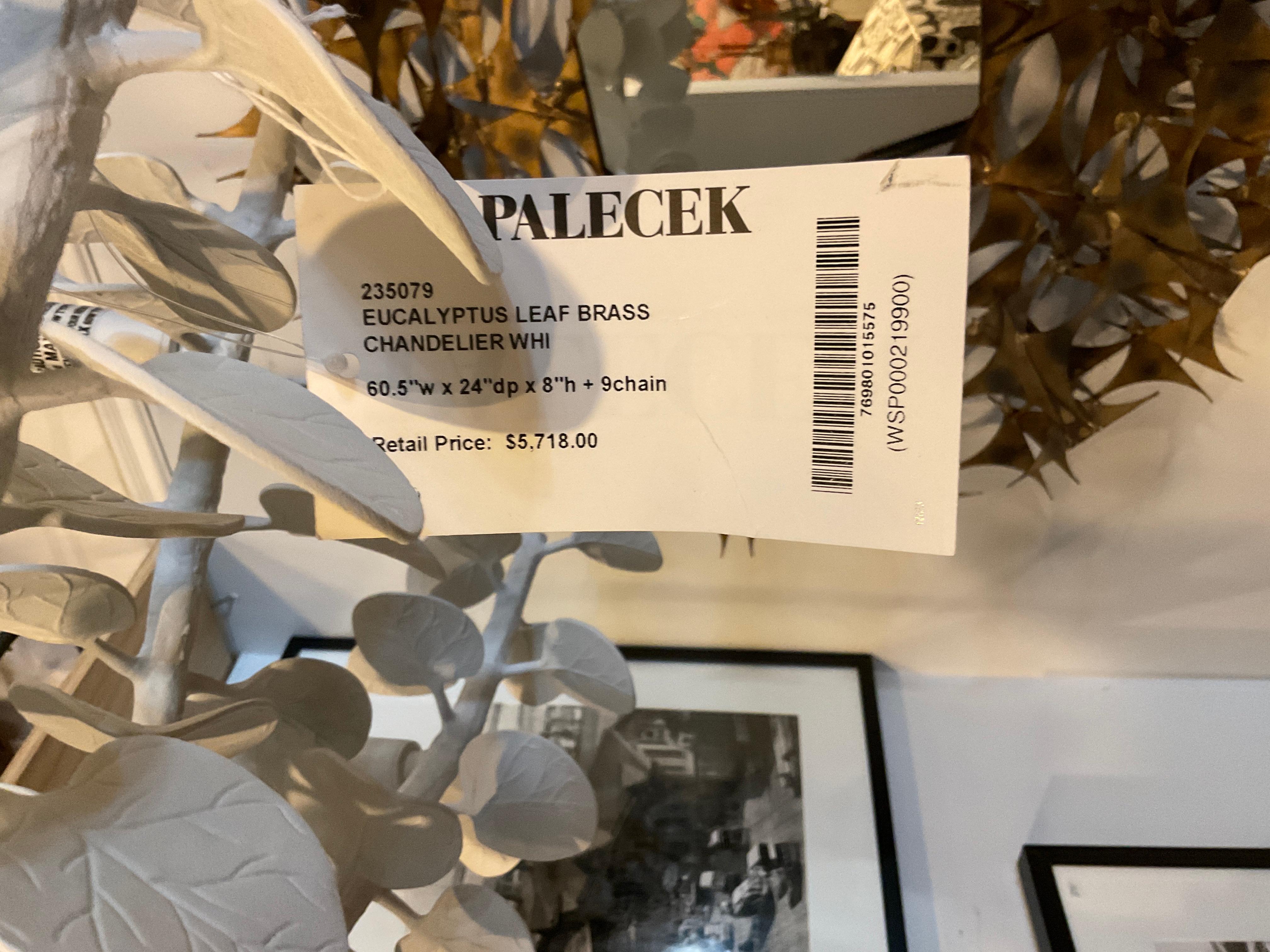 Ottone Palecek Lampadario in ottone bianco con foglie di eucalipto in vendita