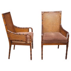 Palecek Hollywood Regency Style Double Cane Upholstered Armchairs