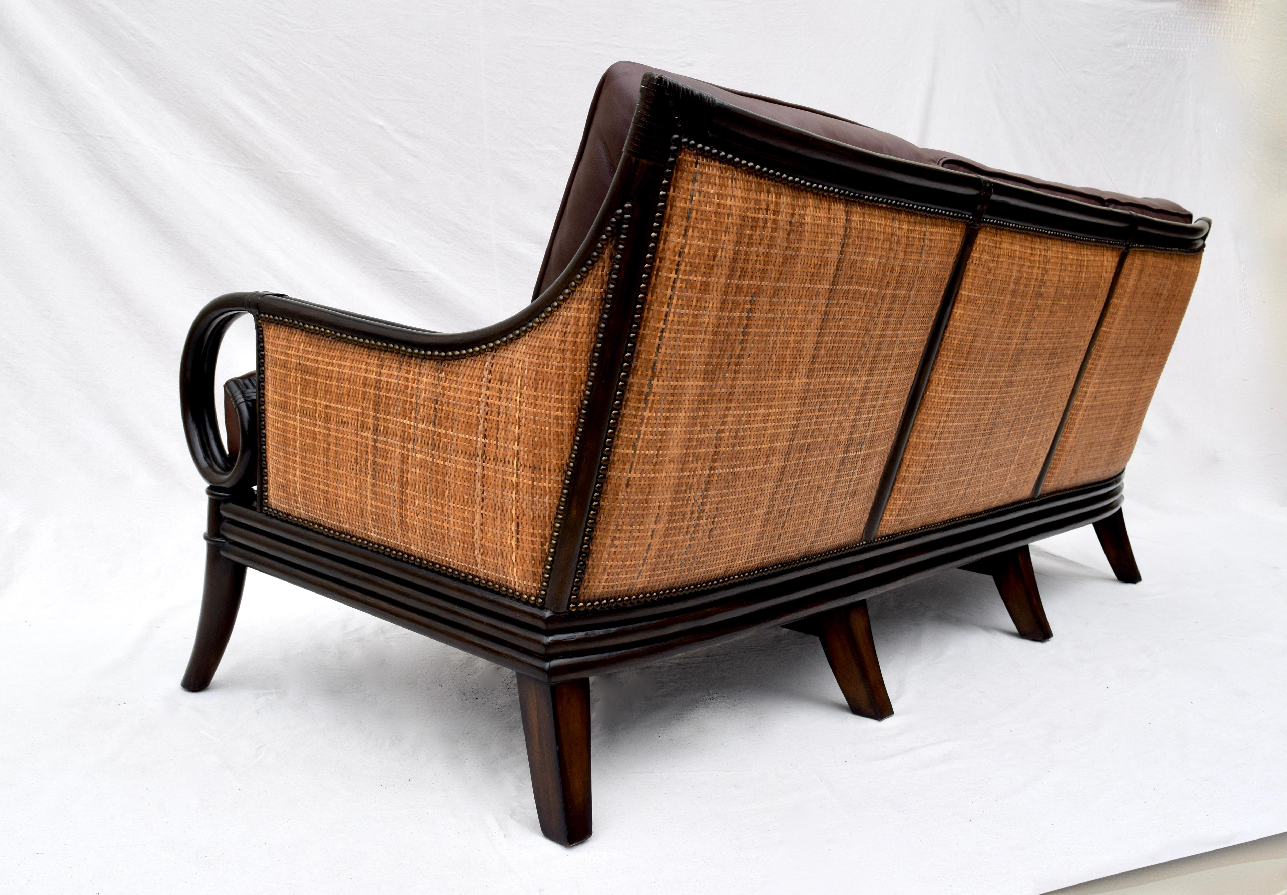British Colonial Style Rattan Leather and Cane Sofa 1