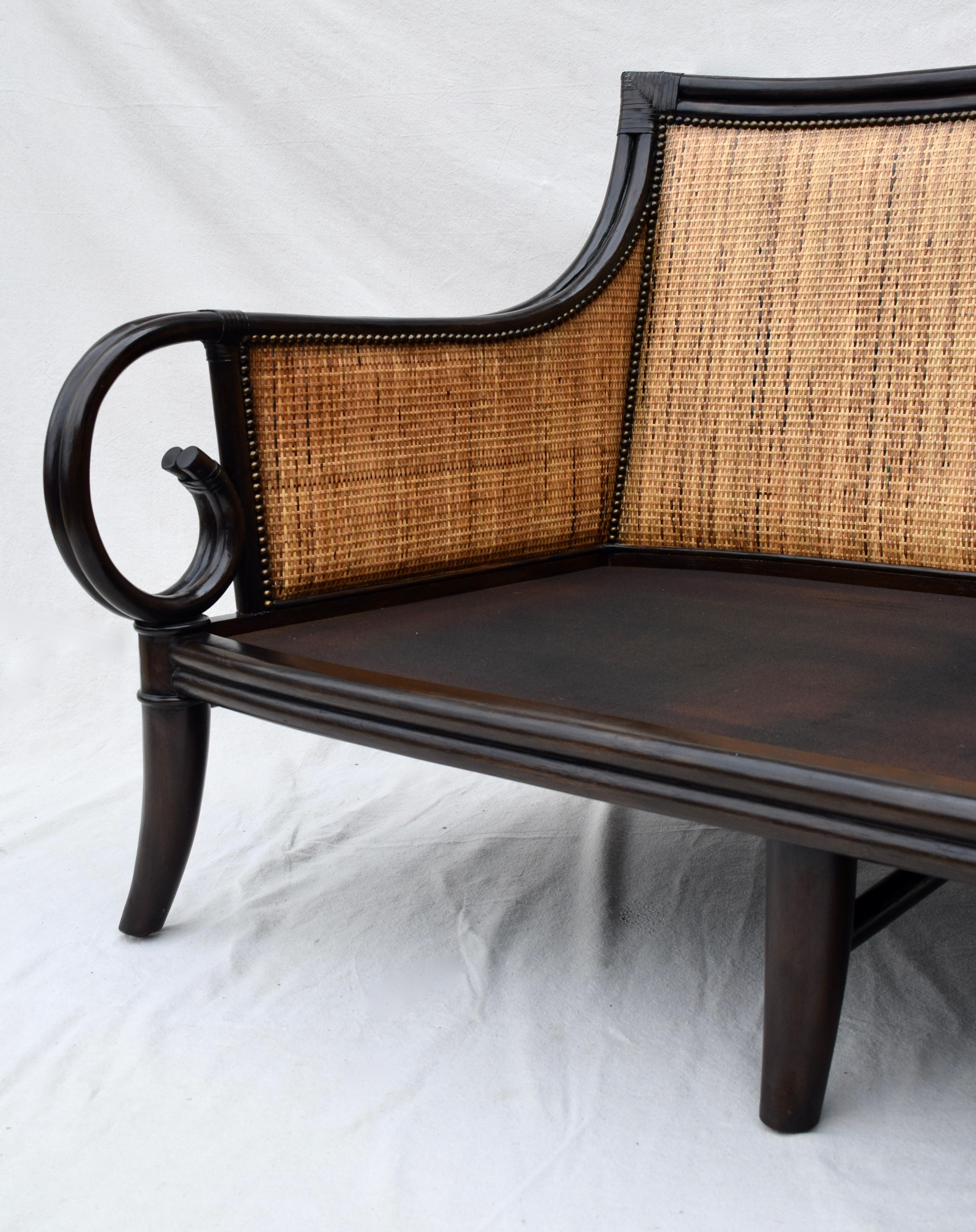 British Colonial Style Rattan Leather and Cane Sofa 3